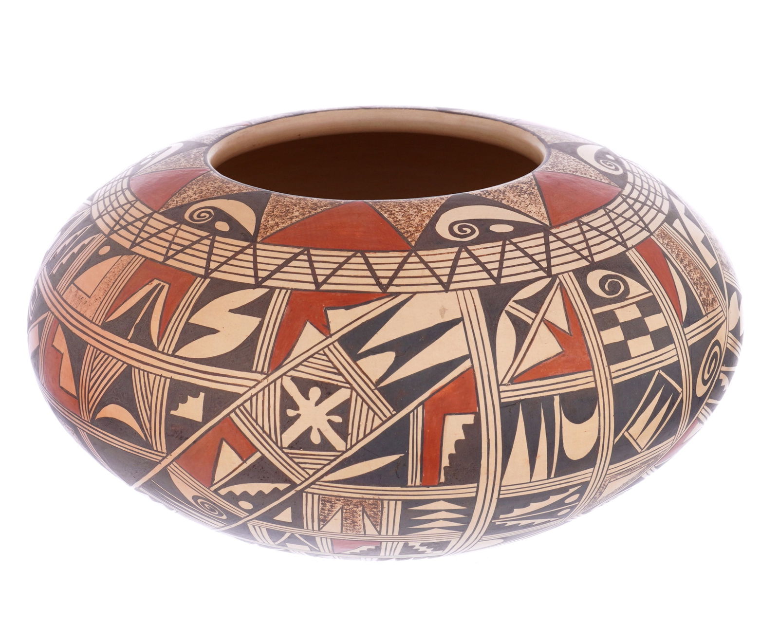 Rondina Huma Tewa-Hopi Polychrome Pottery Jar: HUMA, Rondina, (Tewa - Hopi, b. 1947): Intricate geometric polychrome decorated bowl or jar, signed on base, overall 4" h. x 7".
