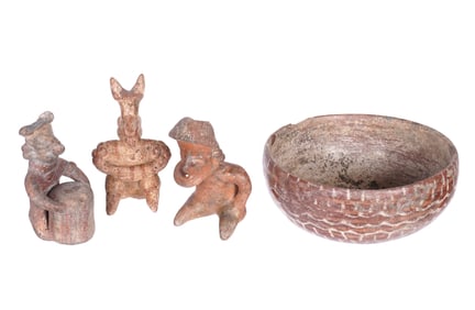 Four Pieces Pre Columbian Pottery Figures & Bowl Nayarit, Jalisco, Mayan