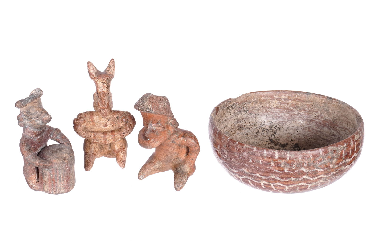 Four Pieces Pre Columbian Pottery Figures & Bowl Nayarit, Jalisco, Mayan: An assembled collection of four pieces total to include 1) Nayarit seated figure with hand covering mouth, 4" h. x 2.75". 2) Jalisco seated figure with horns, arms crossed, 4.5" h. x 2.75". 3) Nayarit