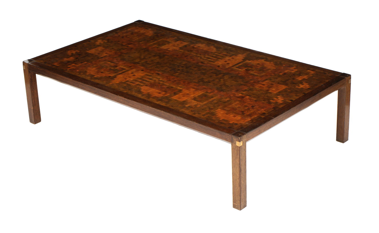 Rolf Middelboe & Gorm Christensen Coffee Table: Designed by Rolf Middelboe and Gorm Lindum Christensen for Tranekaer, pixilated inlaid mixed wood cityscape motif top. Teak frame, metal tag inside one leg. Overall 14.75" h. x 59.75" x 35.5". Conditi