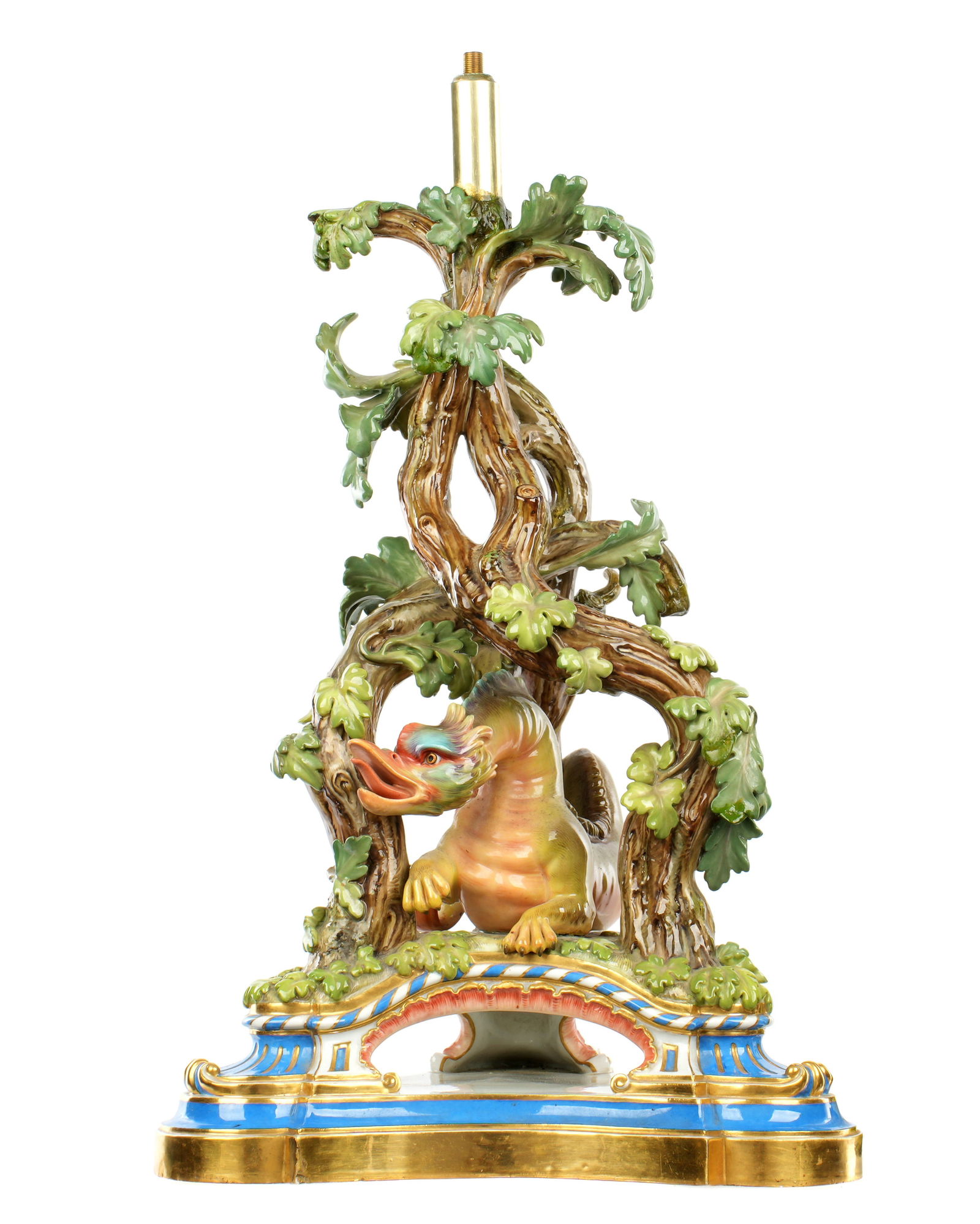 Large Meissen Figural Sea Creature Compote Base: Stunning Meissen porcelain compote base with figural mythological sea creature inside intertwined branches, on raised trefoil base with blue and gilt decoration. Well marked under base with blue