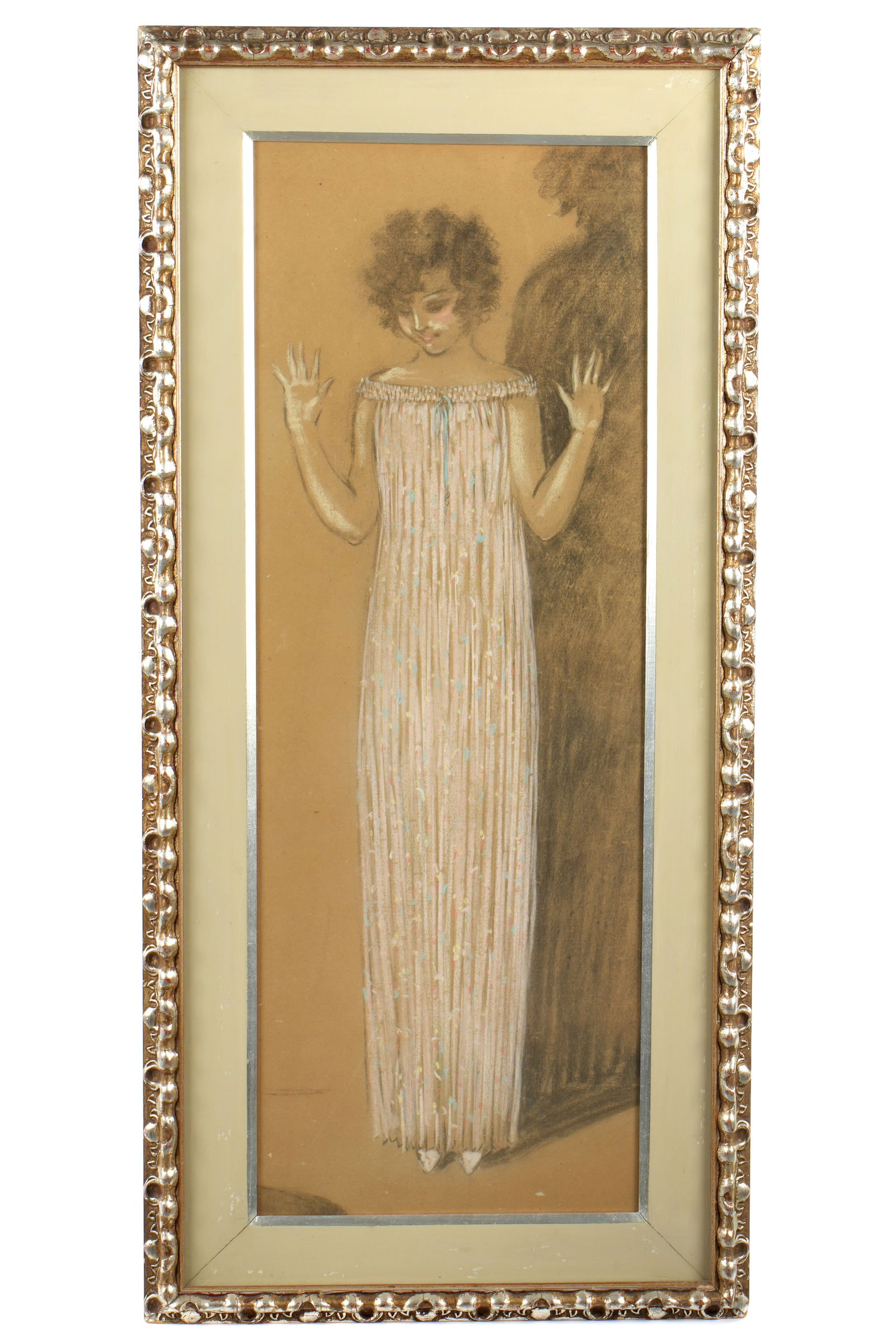Louis Icart Entant Figure Charcoal Pastel Drawing: ICART, Louis, (French, 1888-1950): "Entante Figure", portrait of a young girl in nightgown, Mixed Media Charcoal / Pastel on Paper, no visible signature, titled verso, sight size 37" x 13.5", framed