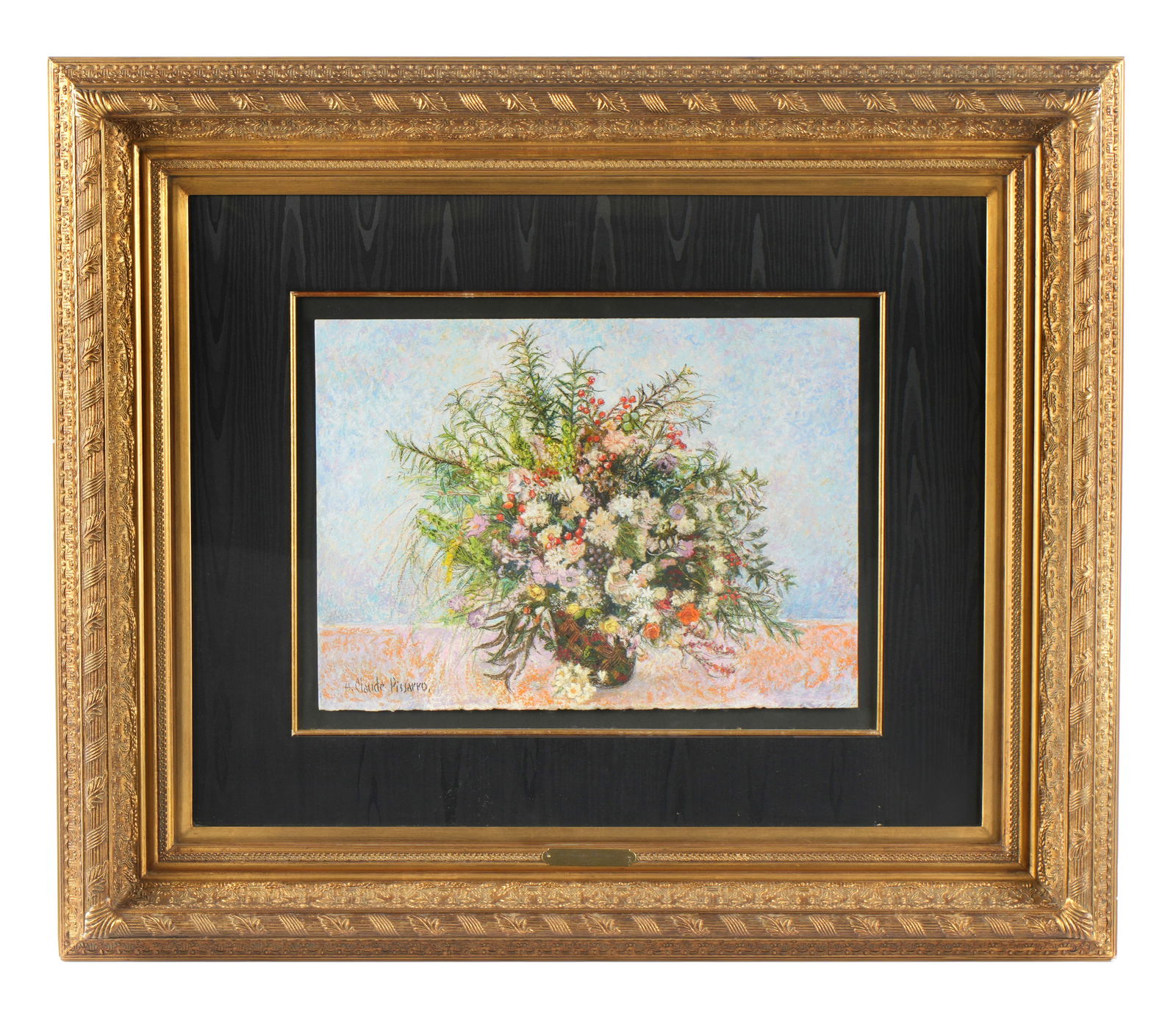 H. Claude Pissarro Still Life of Flowers Pastel: PISSARRO, Hugues Claude, (French, b. 1935): "Le Bouquet de Julie" still life of flowers presented to his wife Julie, Pastel on Paper, signed lower left, titled verso, 14.5" x 20", framed 33.5" x