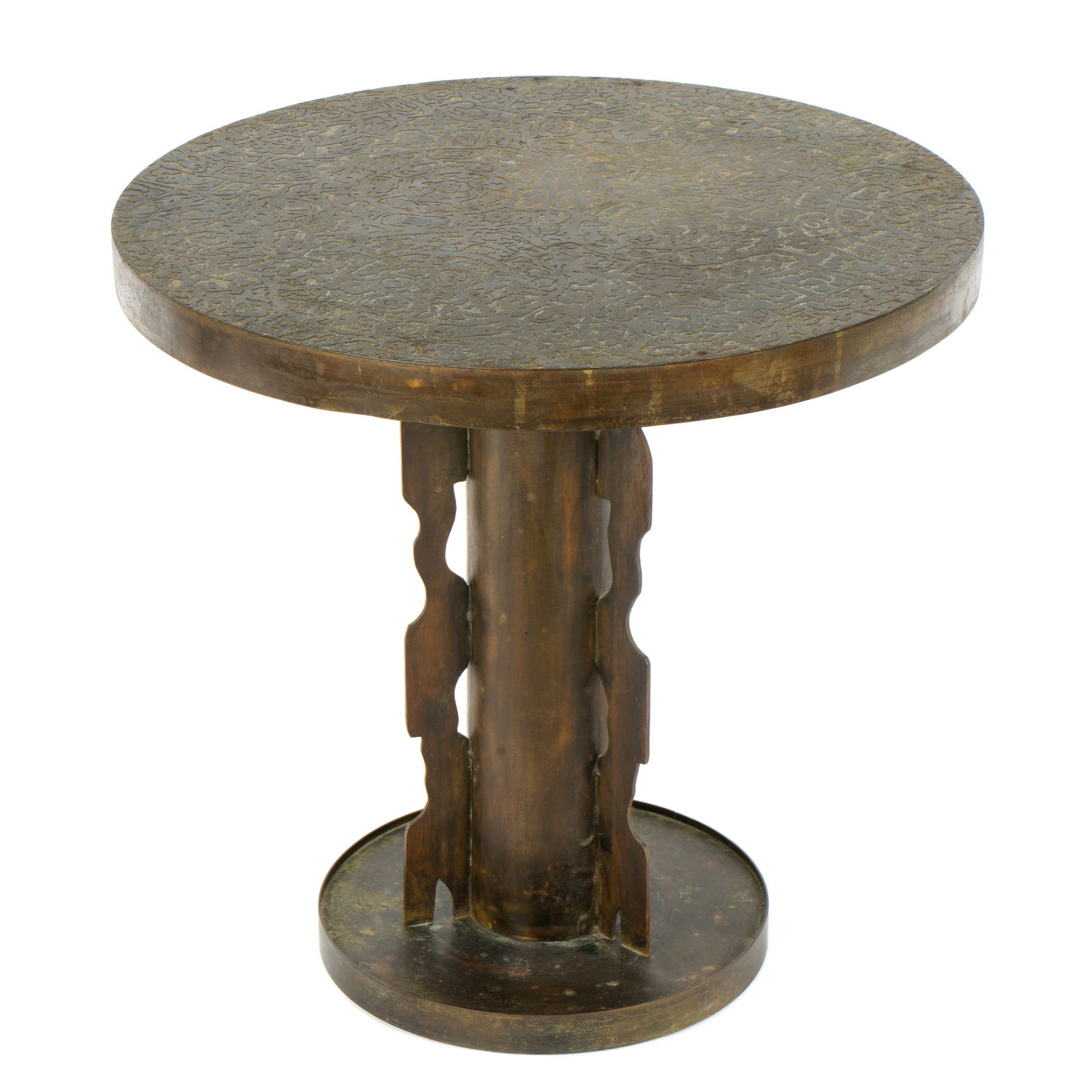 Philip Kelvin LaVerne Etruscan Spiral Side Table: Acid etched "Etruscan Spiral" bronze top, "winged column support. Signed on round base, overall 17.5" h. x 18.5" top dia. Condition: Minor dings.