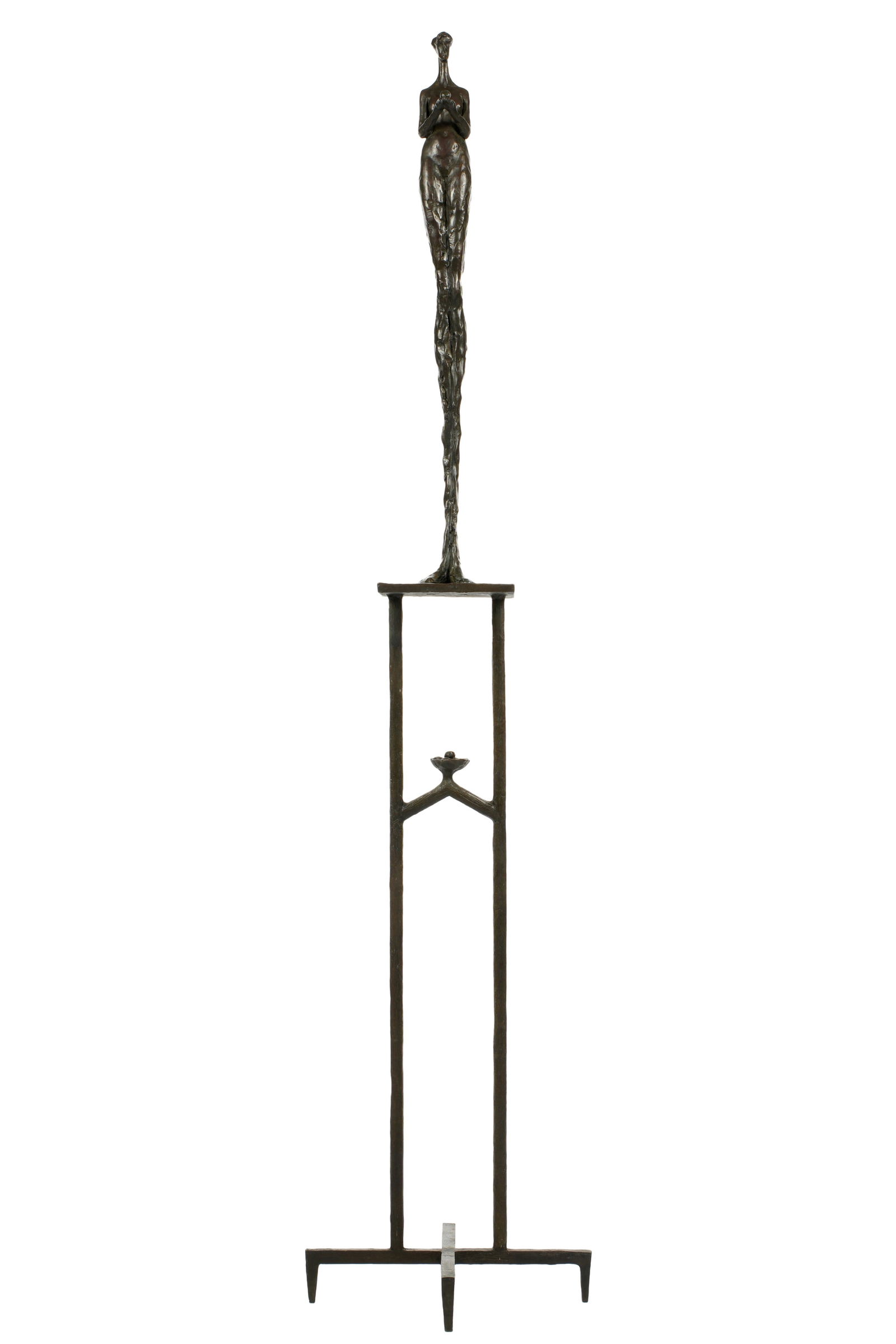 Tom Corbin Woman with Apple Bronze Sculpture: CORBIN, Tom, (American, B. 1954): Patinated bronze standing nude woman holding and apple, affixed to bronze base with lower basket of apples, signed, numbered 12/18 and dated '90. Overall 70.75 h. x 1