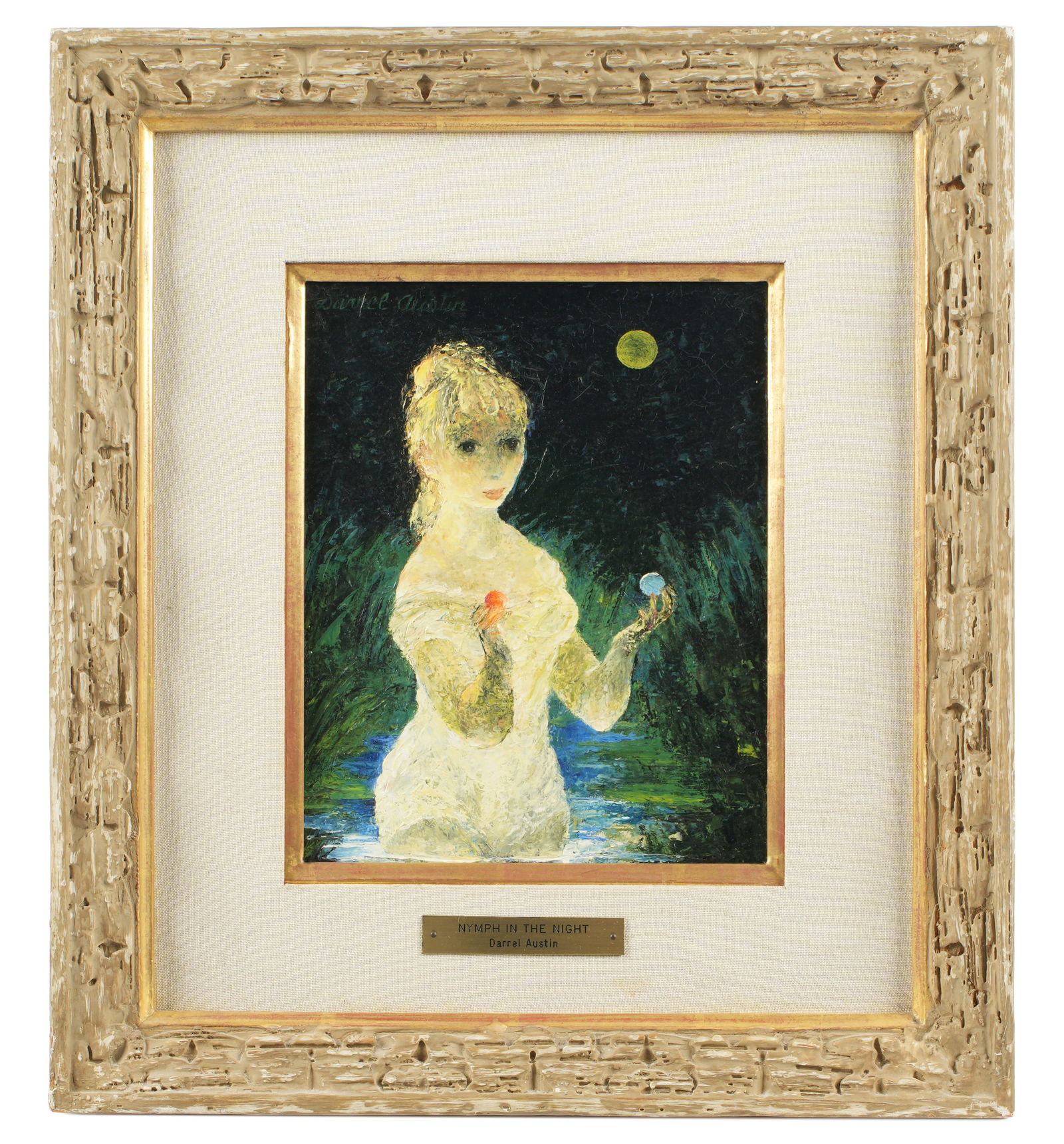 Exhibited Darrel Austin Water Nymph Painting: AUSTIN, Darrel, (American, 1907-1994): "Nymph in the Night", portrait of woman in pond, Oil on Canvas, signed upper left, Frank Oelschaeger, Florida, exhibition label verso, 10" x 8", framed 18" x