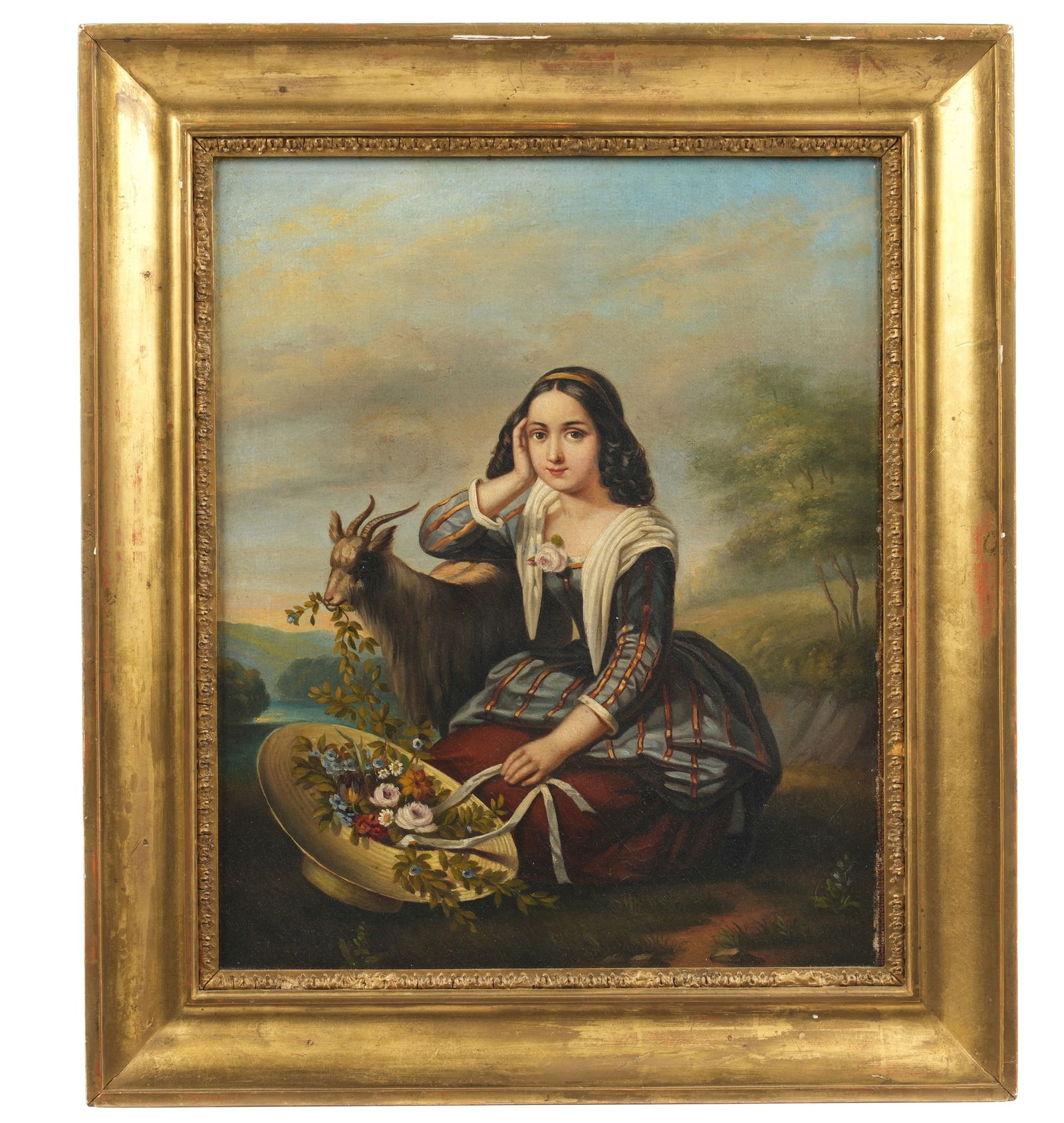 19th Century French School Girl with Goat Painting: 19th Century French school landscape with portrait of seated girl holding basket of flower and her goat, Oil on Canvas laid on Board, no visible signature, 15.25" x 12.75", framed 19" h. x 16.5".