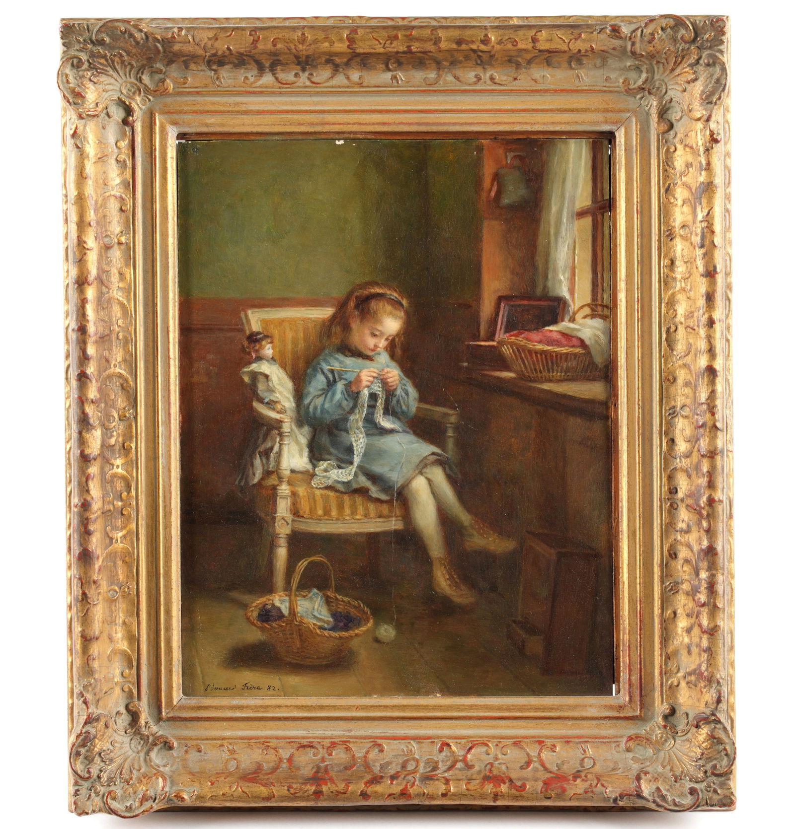 Pierre Edouard Frere Portrait Young Girl Knitting: FRERE, Pierre Edouard, (French, 1819-1886): Interior genre scene depicting a young girl seated in a chair knitting, doll by her side, Oil on Board, signed lower left, Thomas Agnew & Sons and Cooling