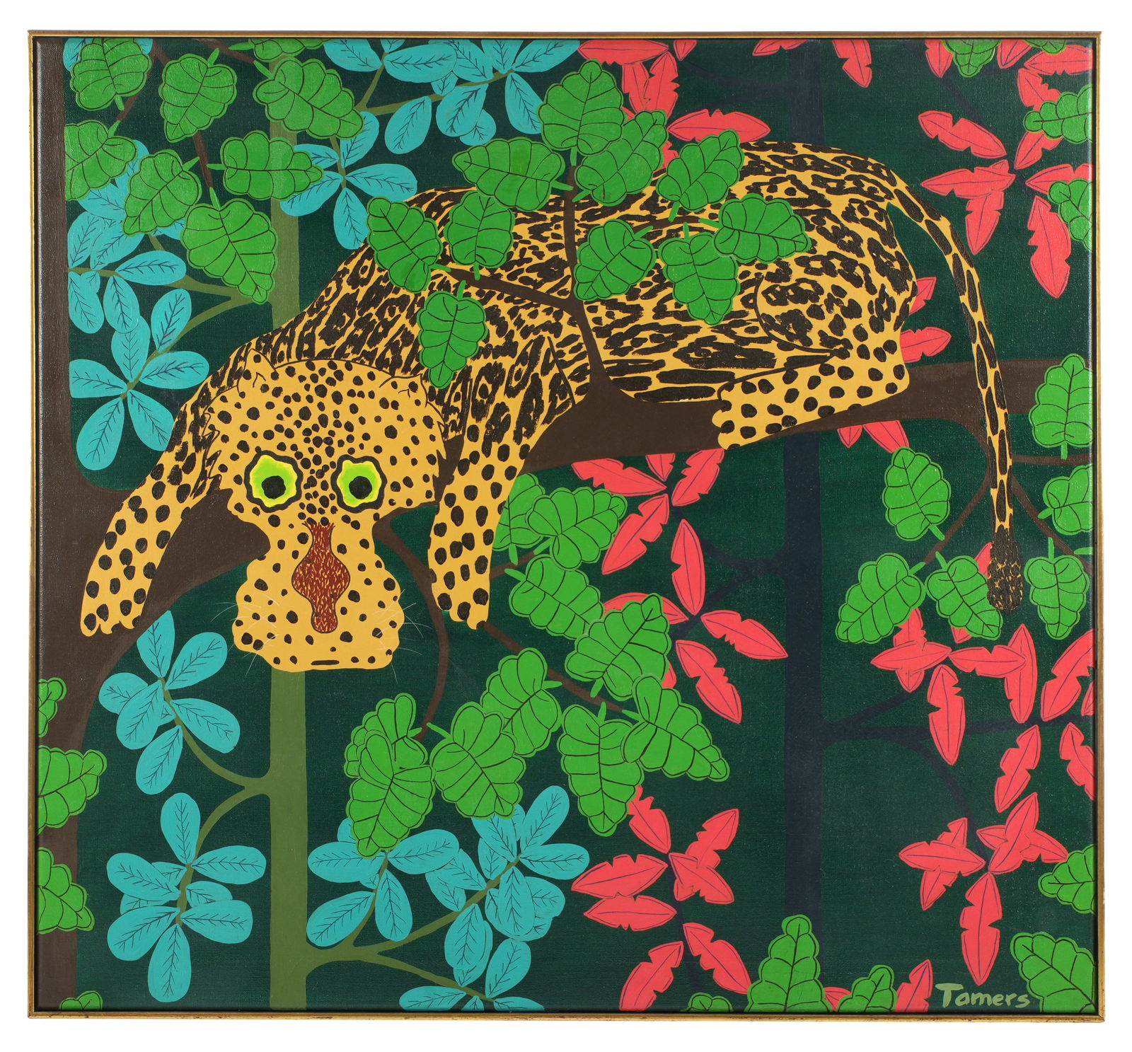 Exhibited Murry Tamers Tigre 8/71 Painting: TAMERS, Murry, (American, 1933-2020): "Tigre 8/71", depiction of a tiger in repose on branches with vibrant foliage, Oil on Canvas, signed lower right, signed verso and dated 8/71, and Caracas,