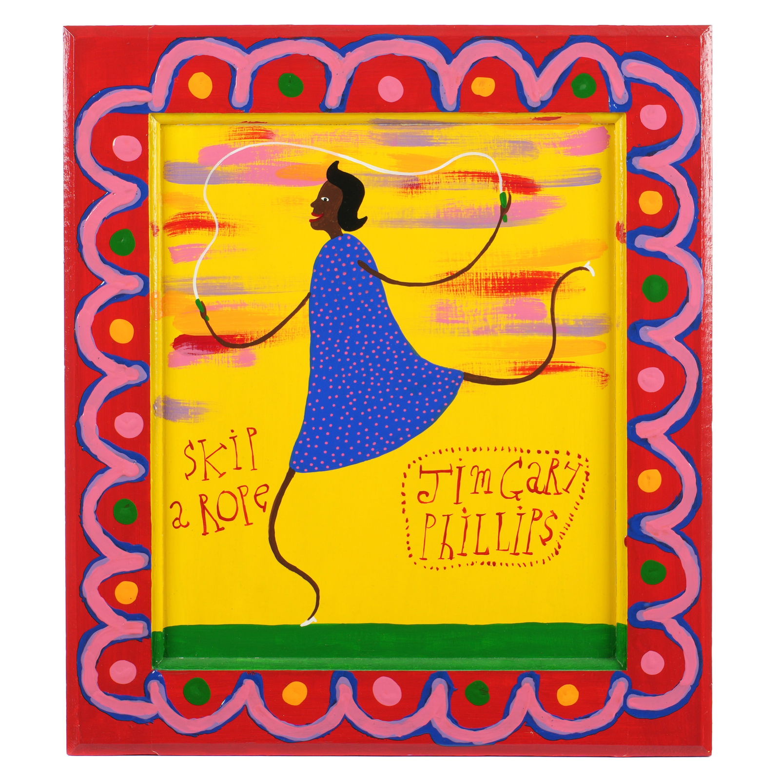Jim Gary Phillips Skip a Rope Folk Outsider Art: PHILLIPS, Jim Gary, (American, b. 1951): "Skip a Rope", folk / outsider art, Oil on Wood Panel, signed lower right, 13.5" x 11.25", framed 17.75" x 16".