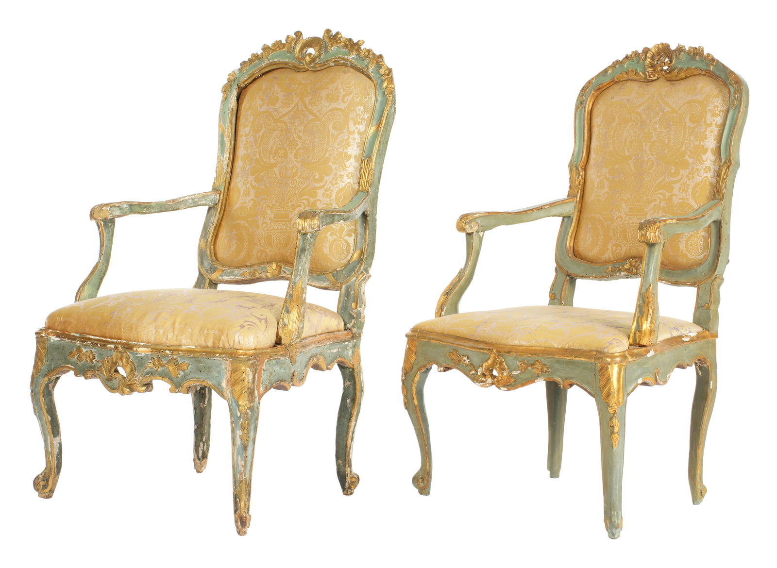 Pair 18th C. French Carved and Painted Fauteuils: 18th Century, Louis XV carved, shaped and painted frames. Shell and floral garland top rail. Shaped arms and arm supports. Serpentine carved skirt and cabriole legs. Floral silk brocade upholstery. Ov