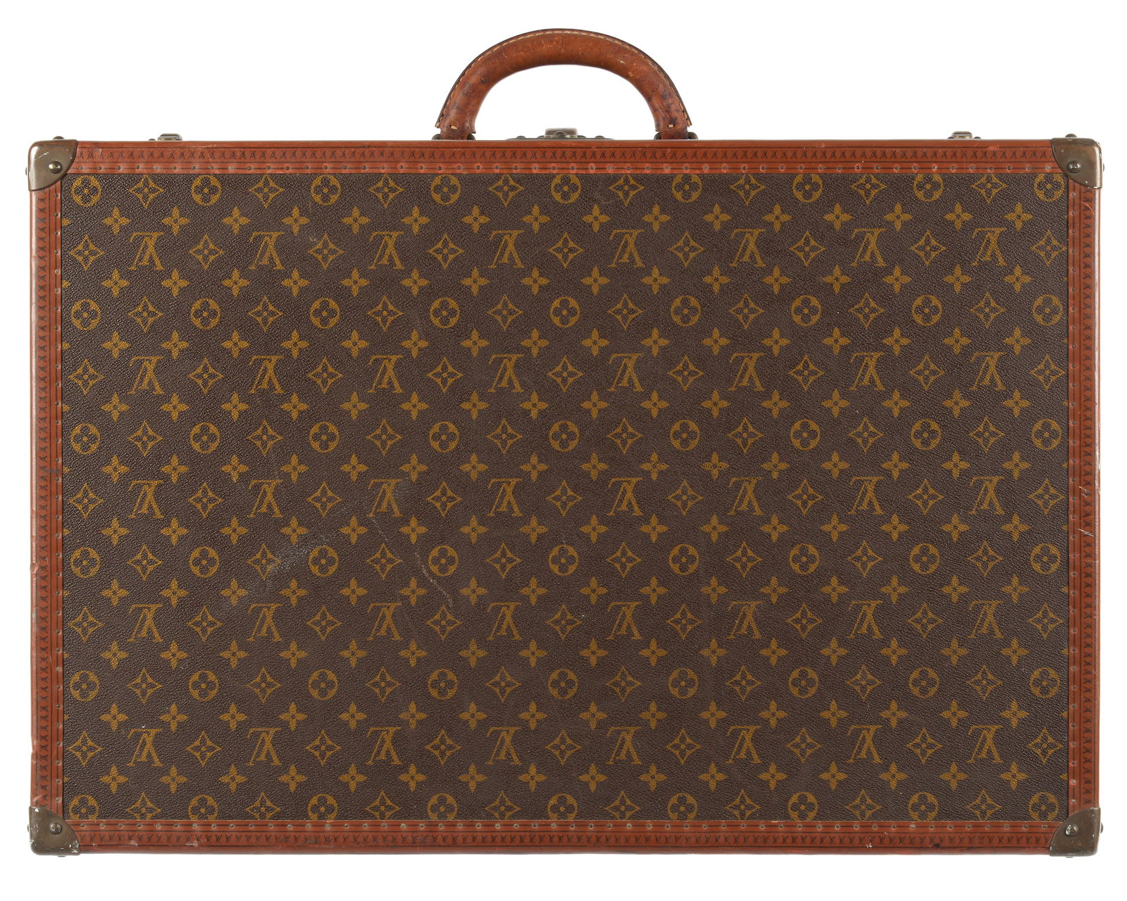 Louis Vuitton Alzer 70 Monogram Hard Side Suitcase: Monogram leather canvas hard sided Alzer 70 suitcase by Louis Vuitton, lined interior with two straps, original label, number worn. Brass tacks and hardware, overall 27.75" x 18.75" x 7". Condition: m