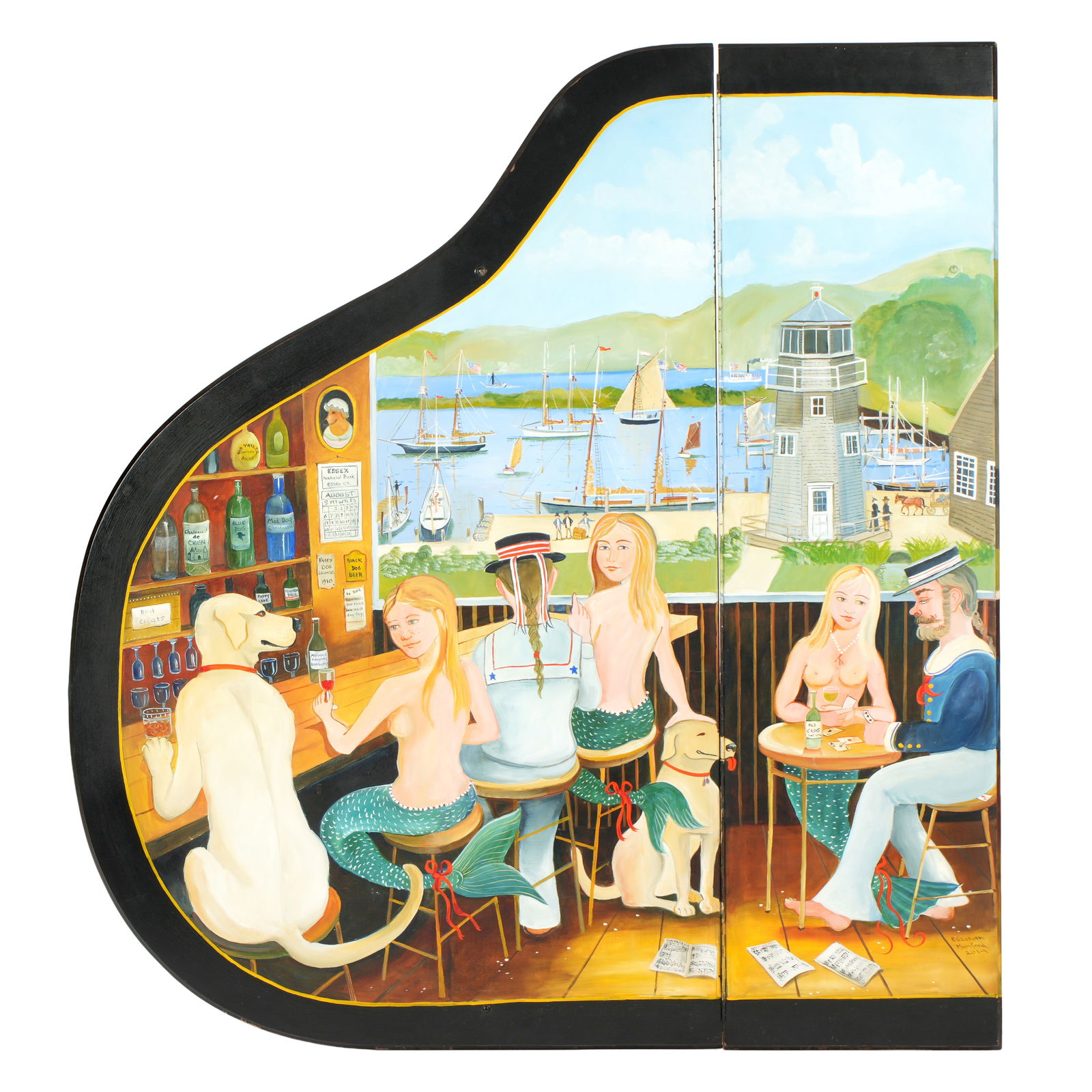 Unusual Large Elizabeth Mumford Painted Piano Top: MUMFORD, Elizabeth, (American, 1950-2020): Most likely a special commission, unusual painted piano top in two sections depicting mermaids, dogs, and sailors seated at a bar, verso of smaller section