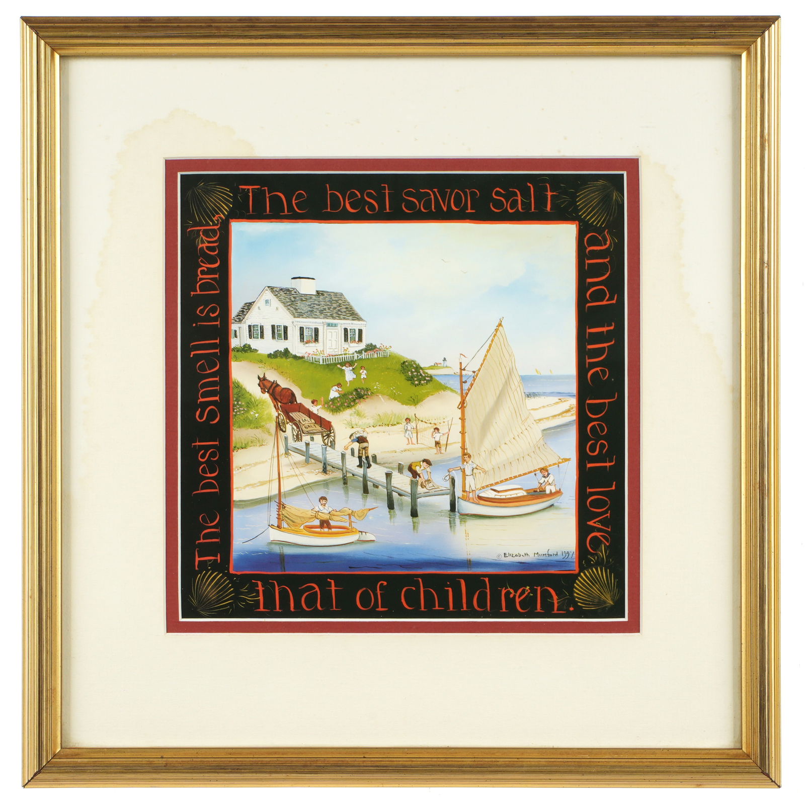 Elizabeth Mumford The Best Smell is Bread Print: MUMFORD, Elizabeth (American, 1950-2020): "The best smell is bread, The best savor salt, and the best love, that of children", photolithograph on paper, signed and dated 1997 in the plate, sight size