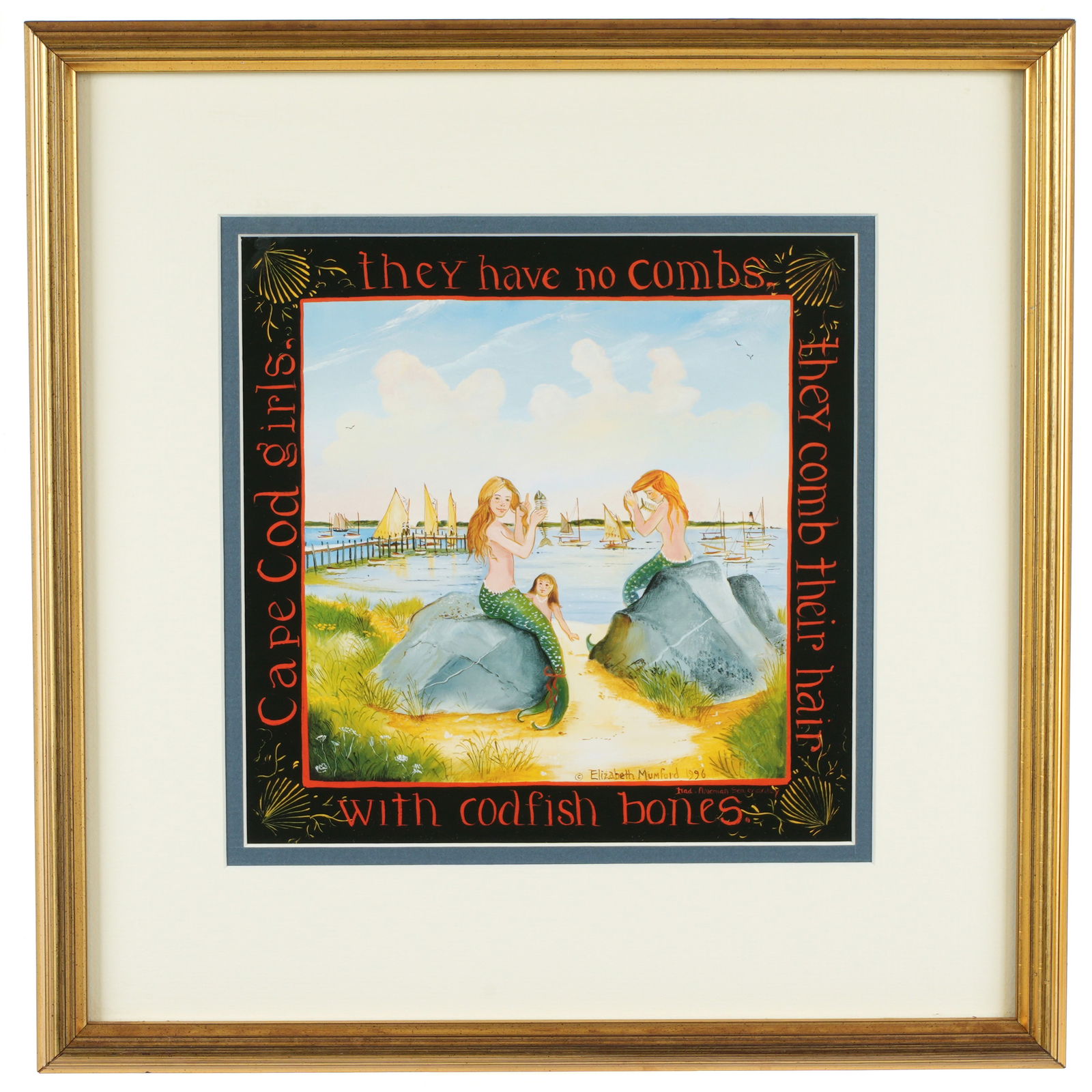 Elizabeth Mumford They have no Combs Print: MUMFORD, Elizabeth (American, 1950-2020): "Cape Cod girls, they have no combs, they comb their hair, with cod fish bones", photolithograph on paper, signed and dated 1996 in the plate, sight size 8"