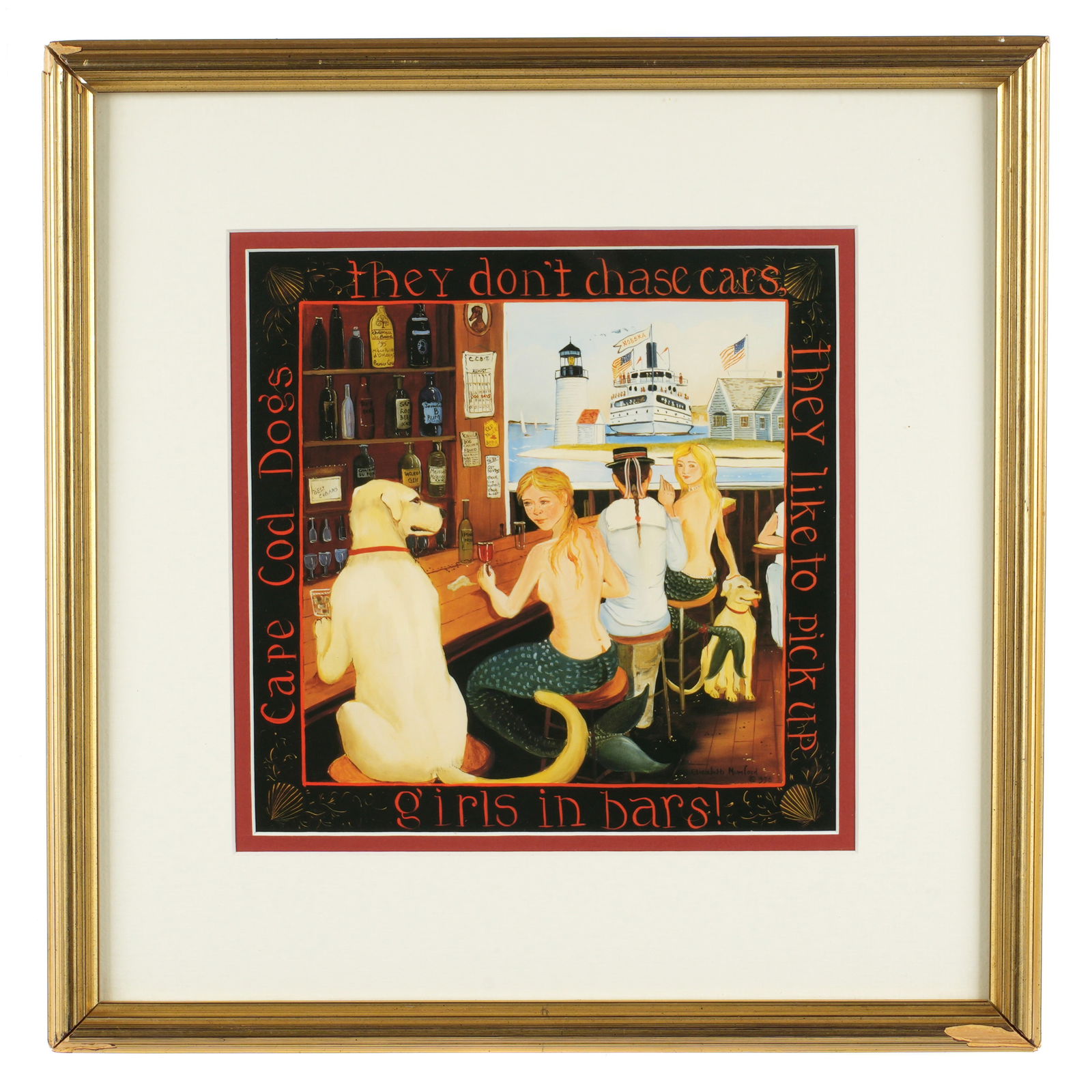 Elizabeth Mumford They Don't chase Cars Print: MUMFORD, Elizabeth (American, 1950-2020): "Cape Cod Dogs, they don't chase cars, they like to pick up, girls in bars", photolithograph on paper, signed and dated 1996 in the plate, sight size 8" x