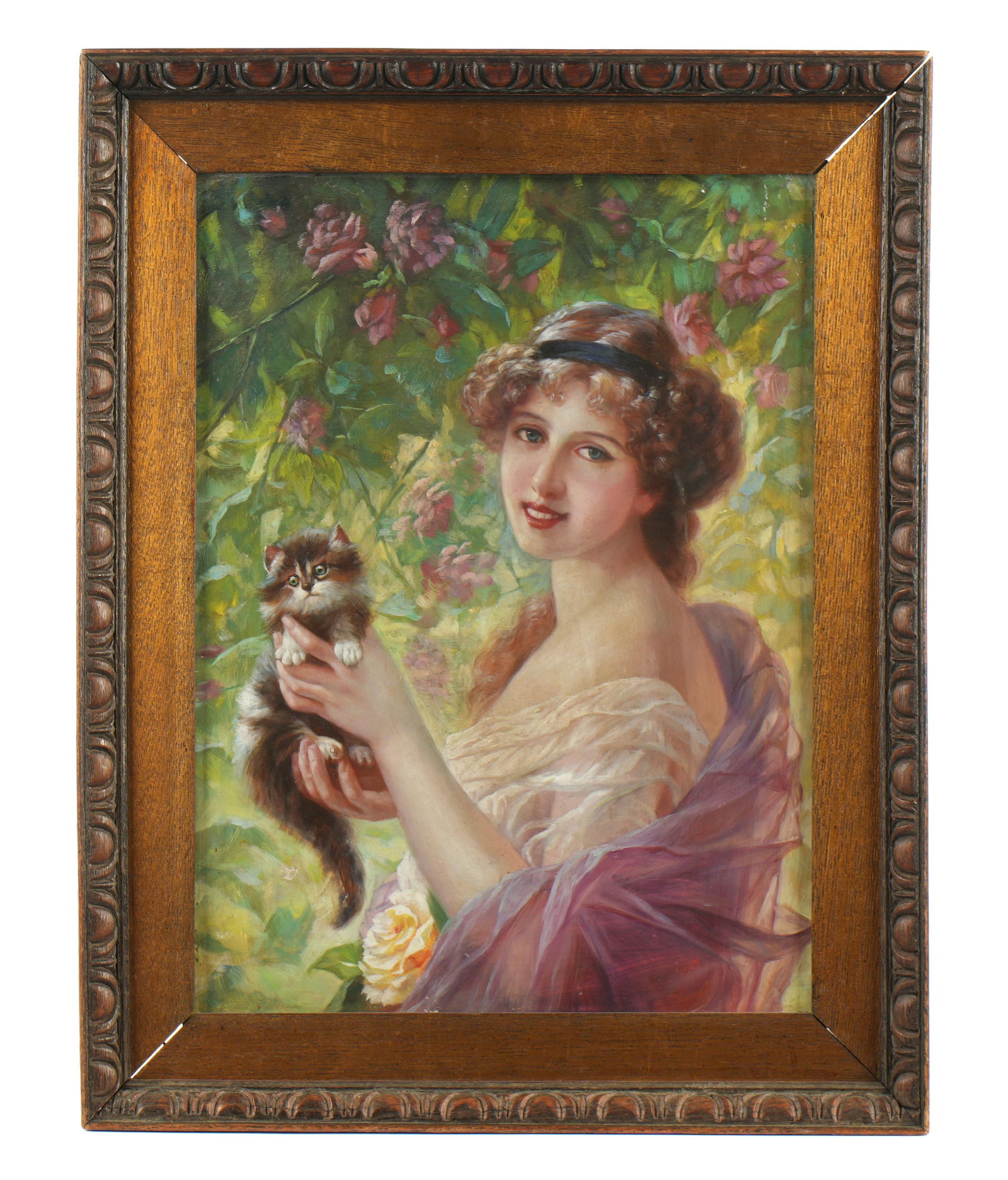 Girl with Cat Portrait attributed to Emile Vernon: attributed VERNON, Emile, (French, 1872-1920): "Girl with Cat", portrait of a young beauty holding a kitten, Oil on Board, no visible signature, 15.75" x 11.75", framed 19.5" x 15.5". Please see