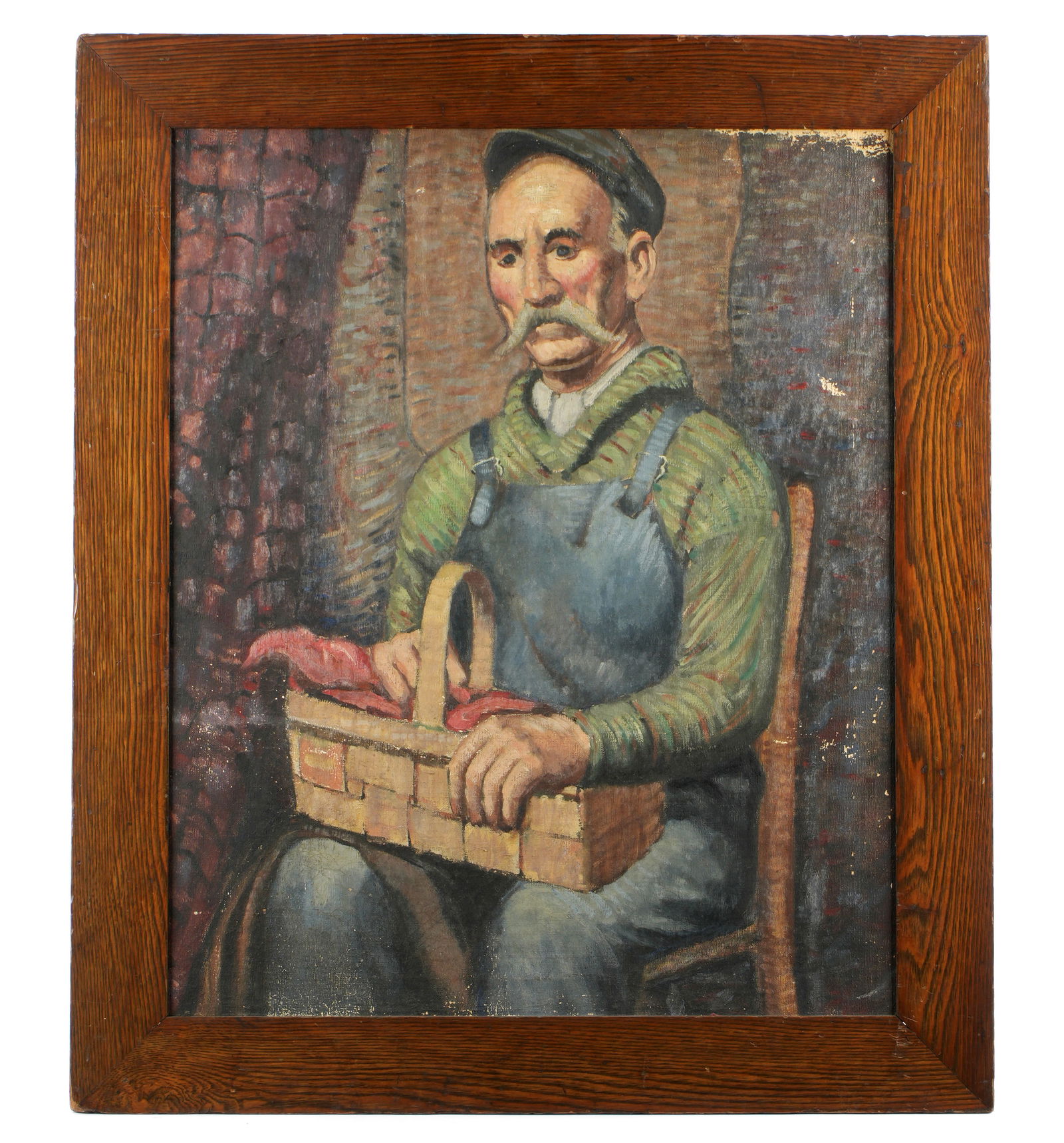 Antique Impressionist Mystery Artist Painting: Impressionist artist portrait of a working man with basket, Oil on Canvas, no visible signature, 28" x 23.25", framed 33.5" x 28.5". Please see photos for condition.
