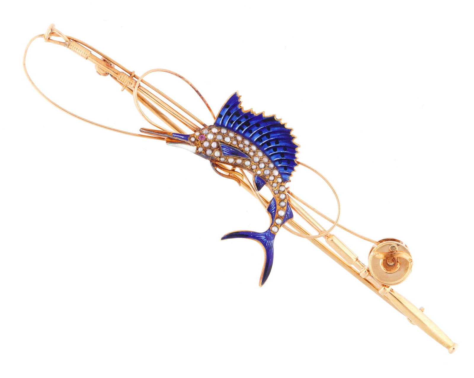 14k Gold Enamel and Pearl Marlin Pin / Brooch: 14k yellow gold deep sea fishing pole and marlin motif brooch, marlin with blue enamel and approx. 41 seed pearl accents. Stamped 14k. Overall 4" long, approx. 14 grams inclusive.