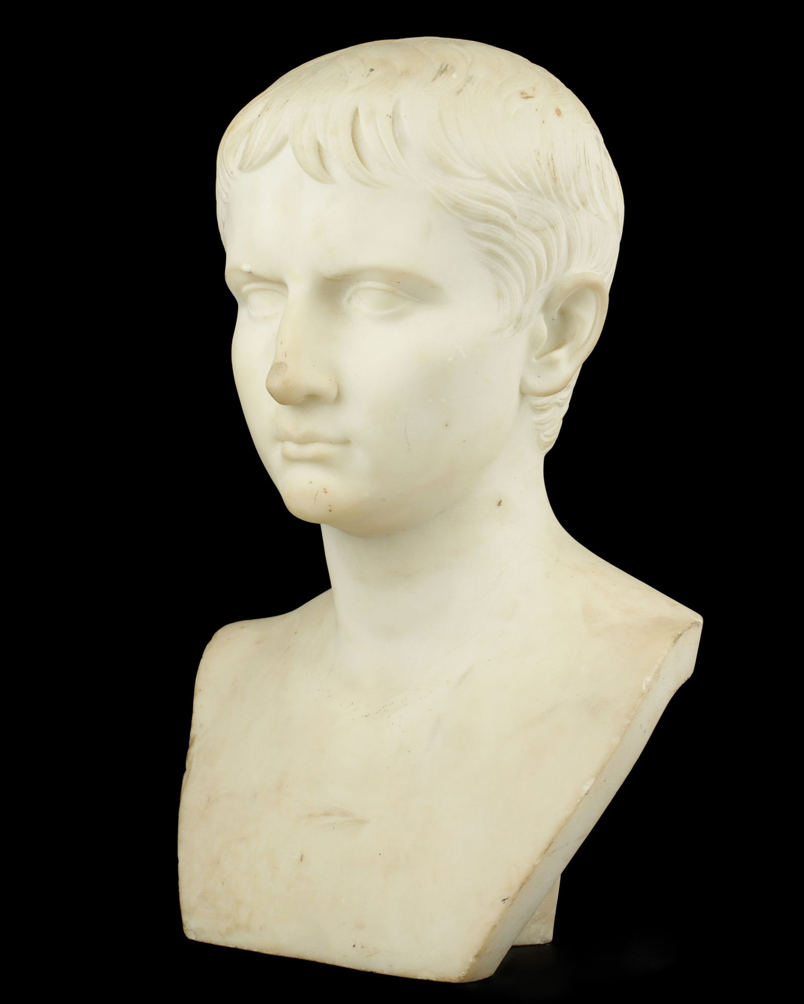 Edmonia Lewis Young Octavian Marble Sculpture: LEWIS, Edmonia Mary "Wildfire", (American, 1844-1907) "Young Octavian", carved marble bust of Octavian / Augustus, adopted heir of Julius Caesar, signed "Copied by E. Lewis, Roma, 1870", overall 16"