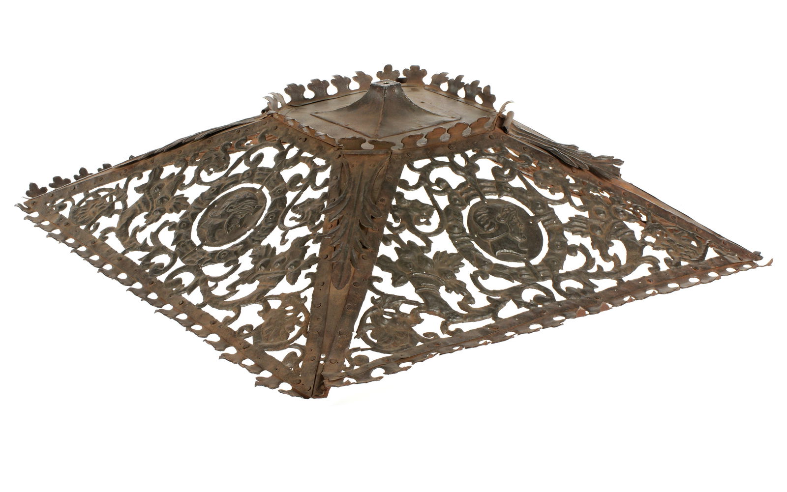 Large Italian 17/18th C. Metal Water Well Cover: 17th / 18th Century, Cast thin metal architectural well cover, foliate scroll, lion masks and Roman soldier bust medallions designs. Overall 11" h. x 41.5" x 41". Condition: Surface rust, obvious