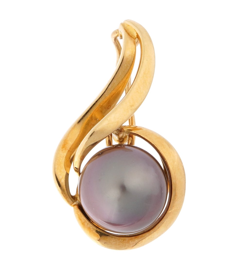 18k Gold & Black Pearl Slide Pendant: Freeform 18k yellow gold slide pendant, black pearl measures 9mm, pendant measures 1" x .5". Approx. 4 grams inclusive