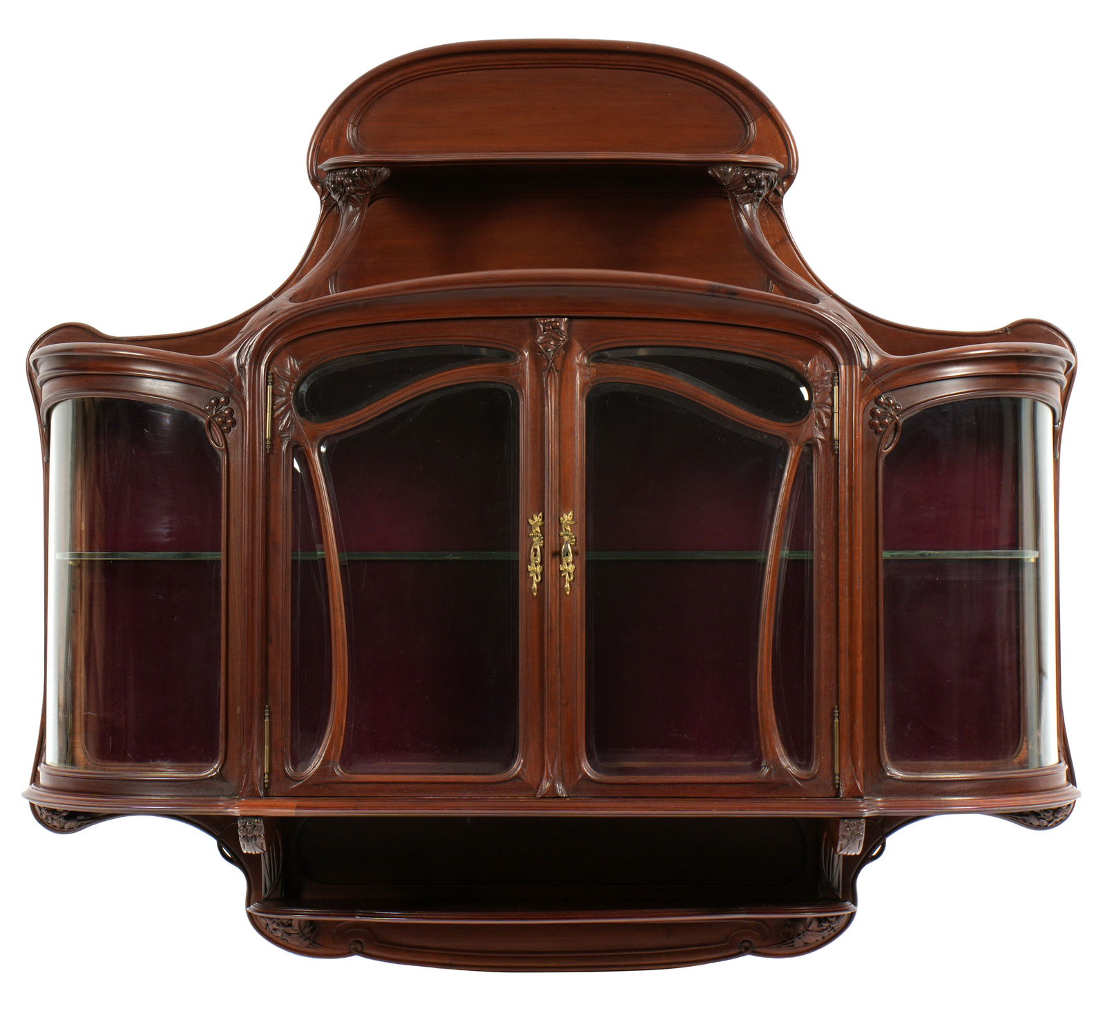 Attr Louis Majorelle Art Nouveau Wall Cabinet: attributed to Louis Majorelle (French, 1859-1926), mahogany wall vitrine cabinet. Shaped crest over single shelf, shaped supports. Two glass doors, bowed glass windows either side, interior glass shel