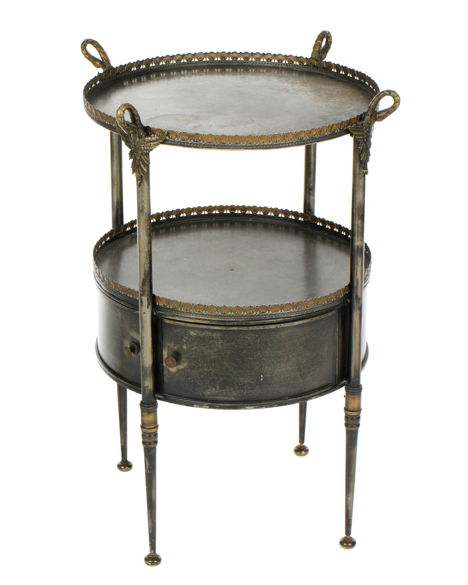 Italian 2 Tier Silver Tray Stand with Swan Mounts: Continental silvered metal two tier table / stand, removable top tray with pierced gallery, lower level with two doors. Four supports with figural swan head tops, adjustable feet. Marked "Made in