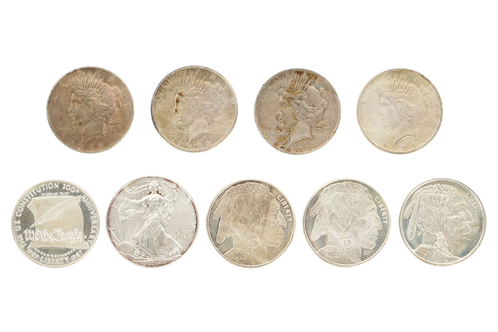 9 Piece Silver Boullion and Peace Dollar Coins (1 of 2)