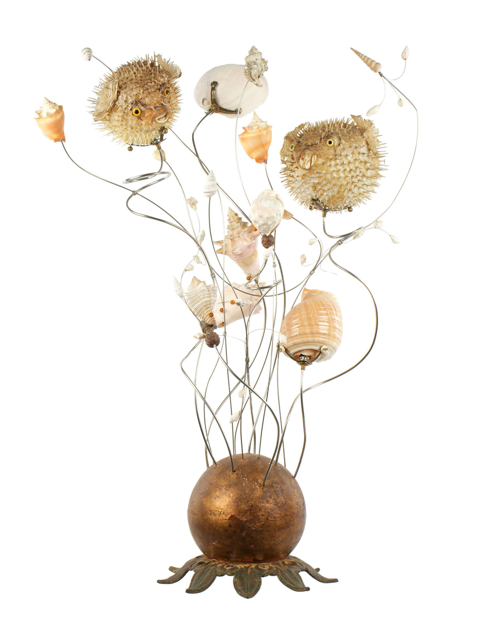 Mid Century Puffer Fish and Seashell Table Lamp: Unique mid century modern MCM lamp with taxidermy puffer or blow fish and sea shell on metal wire supports. Painted composite globe on painted foliate design cast iron base. Seven sockets hidden by sh