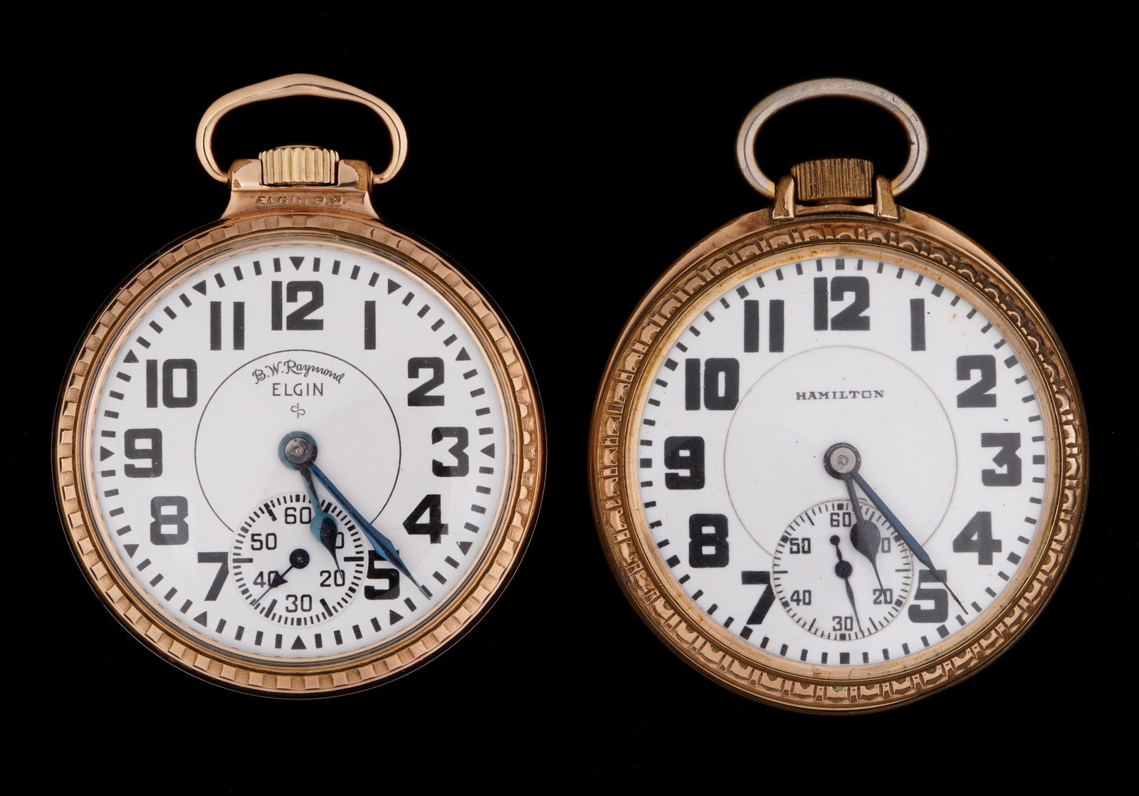 Two Gold Filled Pocket Watches Hamilton & Elgin: Two pieces total to include 1) 1930 Hamilton, grade 992, 21 jewel, size 16s, adjusted, double roller movement. 50mm gold filled case. 2) 1951 Elgin for B. W. Rayond, grade 571, model 20, 21 jewel, siz