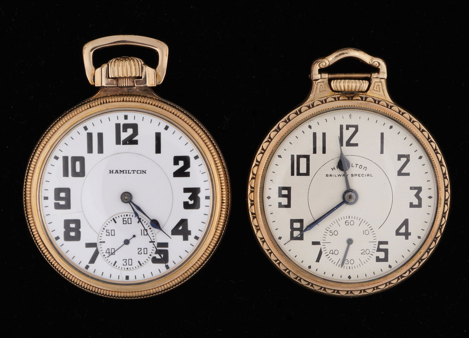Two Hamilton Gold Filled Pocket Watches: Two pieces total to include 1) 1942 Hamilton Railroad Special, grade 992B, 21 jewel, size 16s, adjusted movement. 50mm gold filled case. Currently not running. 2) 1912 Hamilton, grade 974, 17 jewel, s