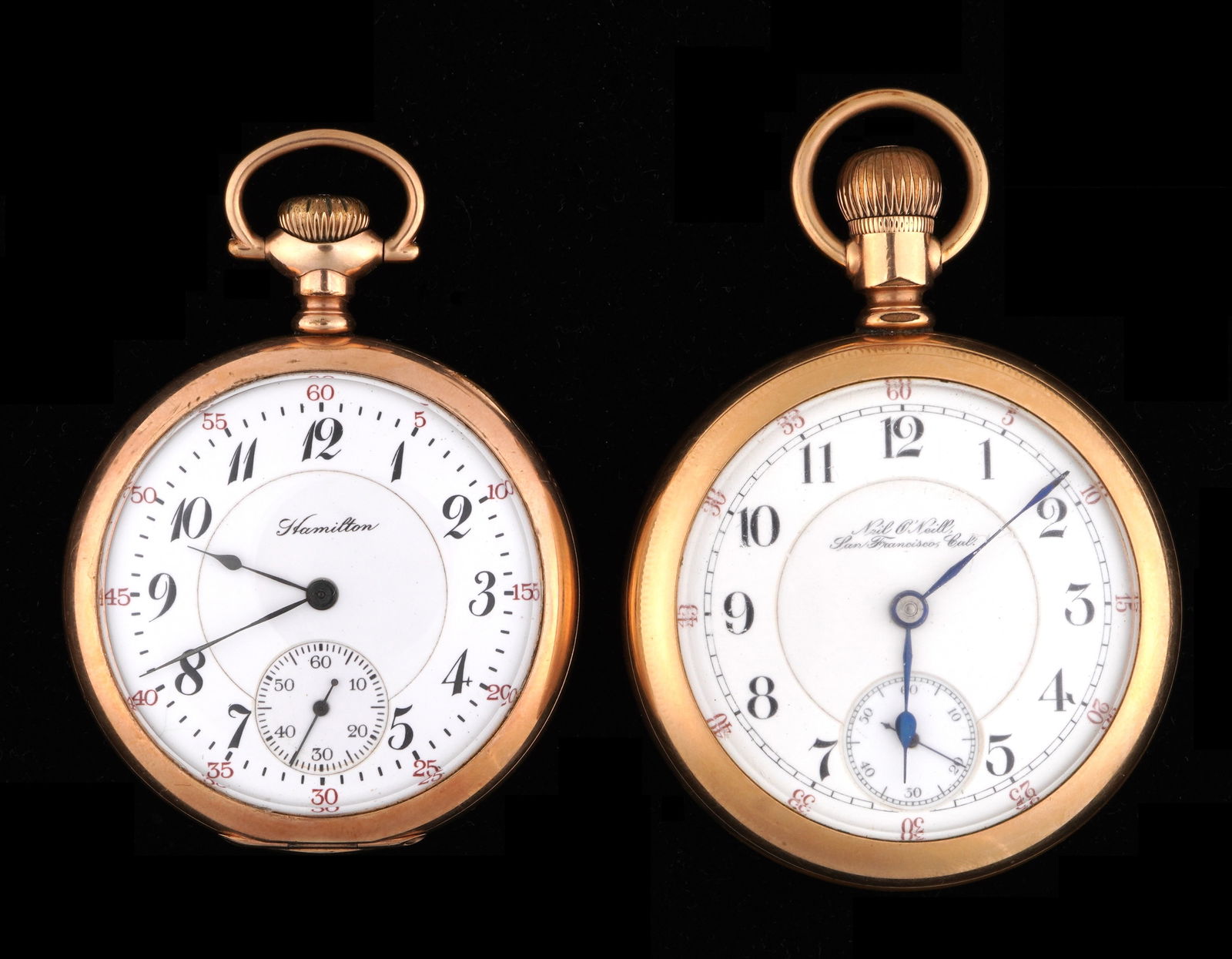 Two Gold Filled Pocket Watches Hamilton & O'Neill: Two pieces total to include 1) Neil O'Neill, San Francisco, Maximus 21 jewel adjusted movement, serial number 142825. 54mm gold filled case. 2) 1919 Hamilton, grade 972, 17 jewel, size 16s, adjusted,