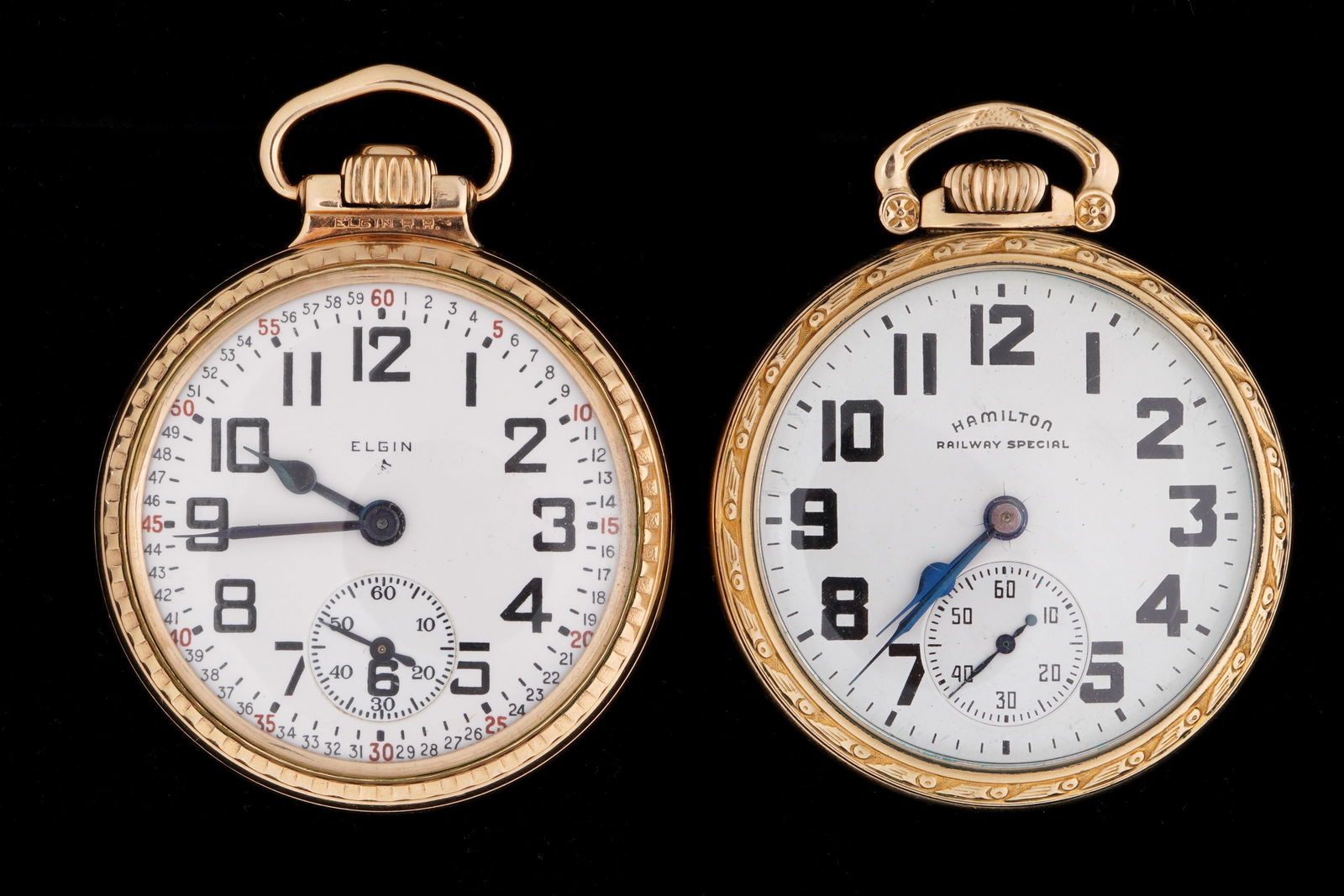 Two Gold Filled Pocket Watches Hamilton & Elgin: Two pieces total to include 1) 1949 Hamilton Railway Special, grade 992B, 21 jewel, size 16s, adjusted movement. 50mm gold filled case. 2) 1940 Elgin, grade 387, 17 jewels, size 16s movement. 50mm gol