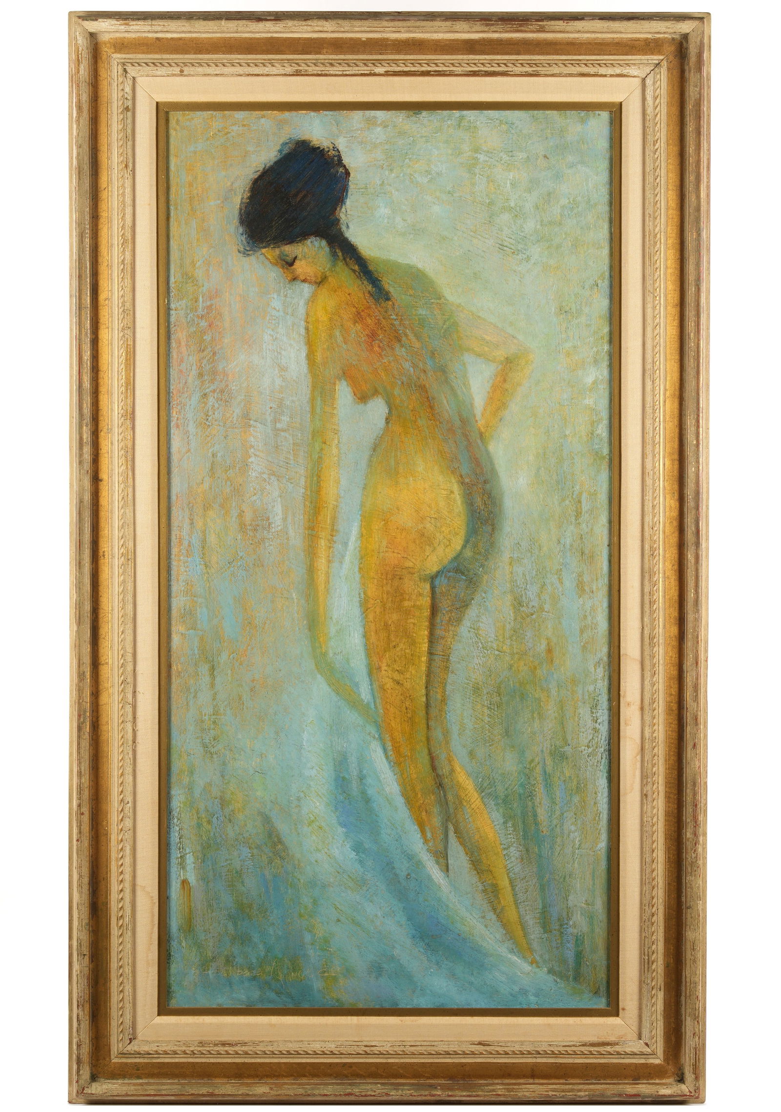 Barbara A. Wood Portrait of a Nude Beauty: WOOD, Barbara A. (American, 1926-2023): Abstract portrait of a standing nude woman, Oil on Masonite, signed lower left, 48" x 24", framed 58" x 34".