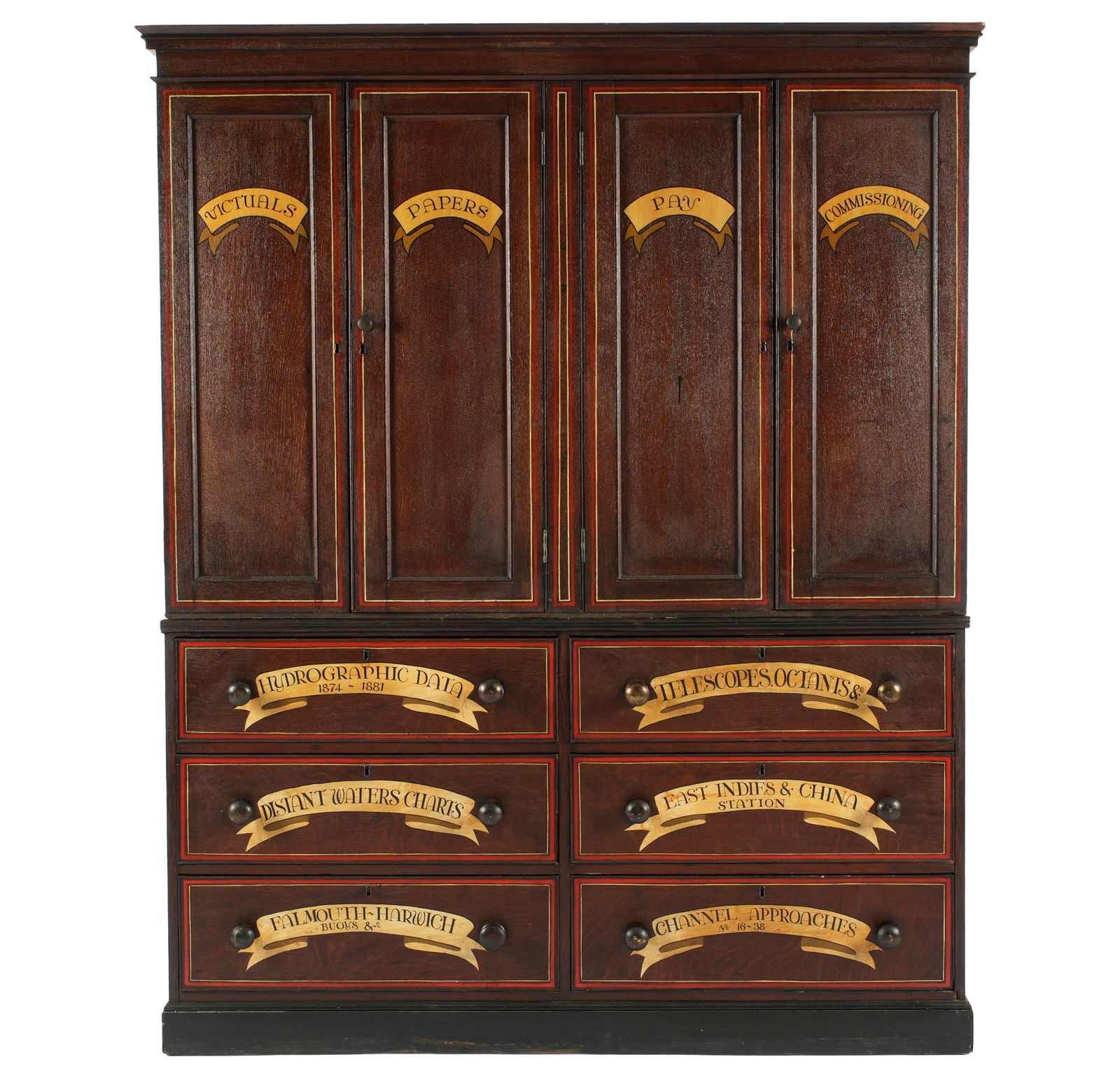 Naval Motif Decorated Chest on Chest: Top chest with molded cornice over four door, each painted with ribbons for naval paperwork, three interior shelves. Lower chest with six drawers, similar painted ribbons for charts and paperwork.