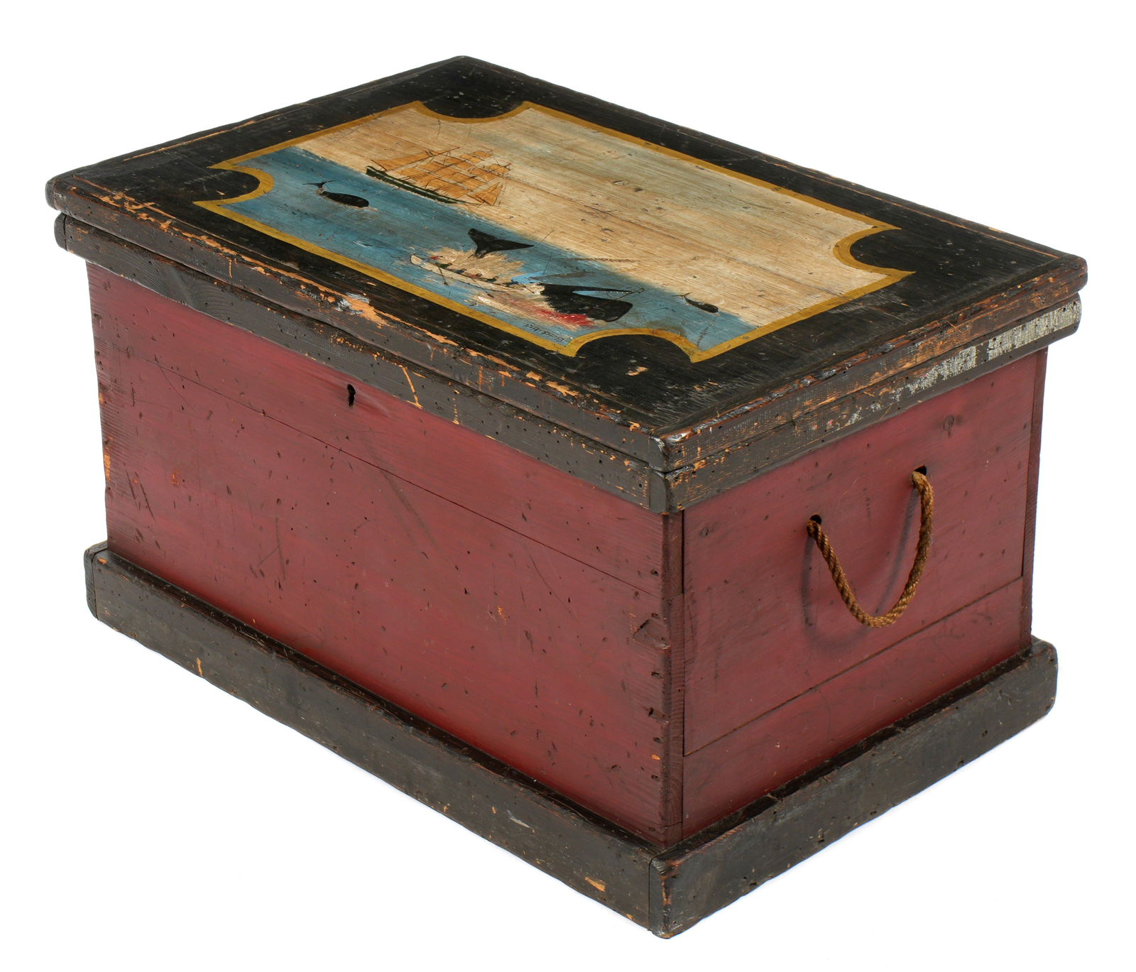 Phipps Whaling Motif Nautical Painted Sea Chest: Pine sea chest, hinged lid with painted whaling scene signed Phipps, red painted body, rope handles, open interior. Overall 16" h. x 33" x 21". Condition: Wear to paint decoration.