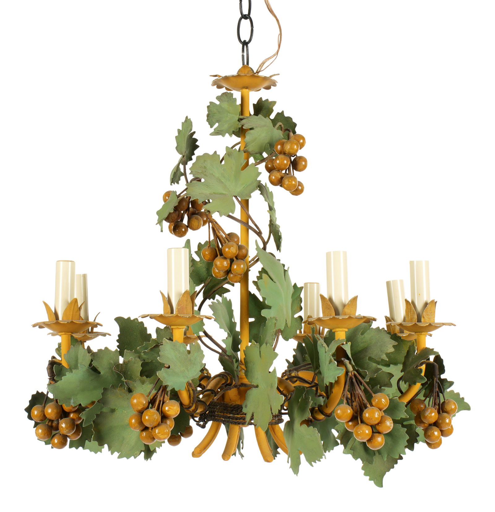 French Tole Painted Metal Grape Vine Chandelier: Tole painted metal grape vine motif eight light chandelier. Overall 18.5" h. x 20" dia.