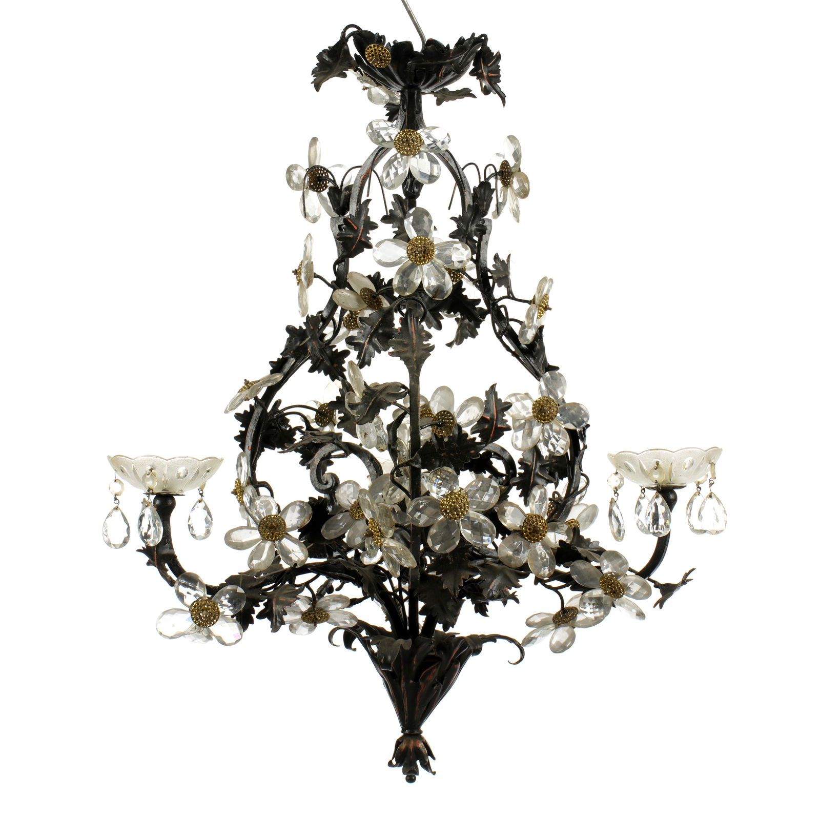 French Tole and Crystal Chandelier: Tole painted metal foliate scroll chandelier, three arms hold single fixture each. Cut crystal flowers and bobeche, center obelisk spire. 25 " h .x 19". Condition: Wear to paint.