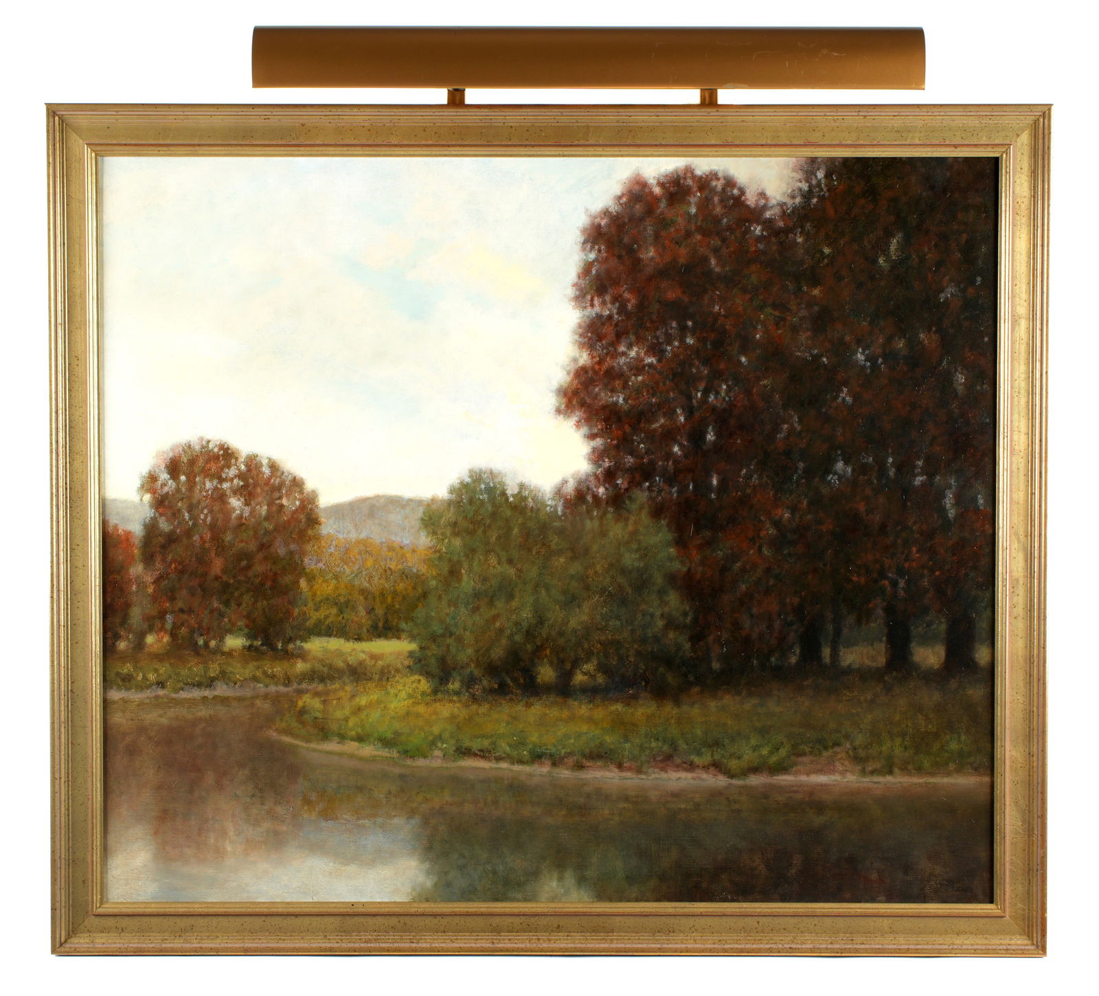 Large 1988 Donald Jurney Autumn Landscape Painting: JURNEY, Donald, (American, b. 1945): "Autumn on the Housatonic" large landscape with river, trees, and mountains in the background, Oil on Canvas, signed lower right, signed, dated1 988, and titled ve