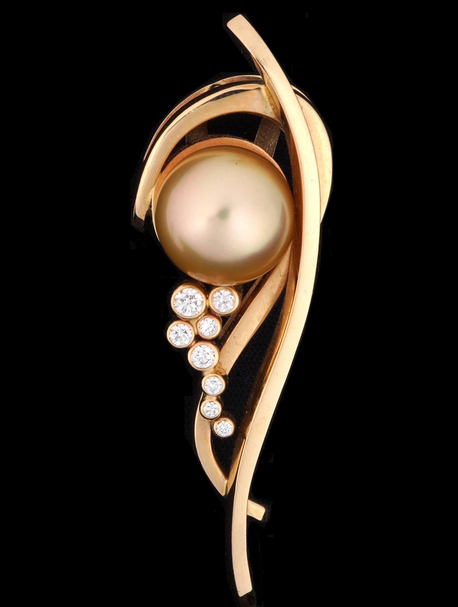 14k Gold Pearl & Slide Pendant: 14k yellow gold freeform design slide pendant, 12mm pearl. Approx 8 bezel set diamonds, approx. .15ctw. 2.25" long, 17.9 grams inclusive.