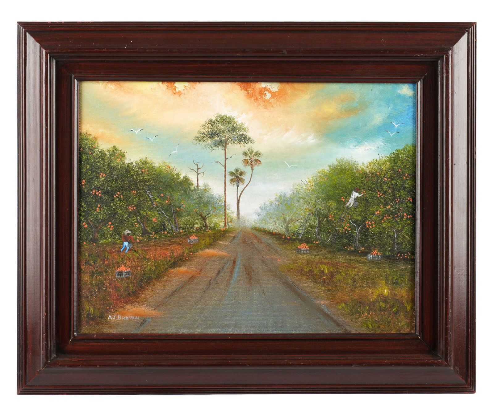 AJ Brown 2nd Gen Florida Highwaymen Orange Pickers: BROWN, A.J., (American, 20th/21st Century): 2nd Generation Florida Highwaymen depiction of workers picking fruit in an orange grove, Oil on Canvas, signed lower left, signed and inscribed verso, 12"
