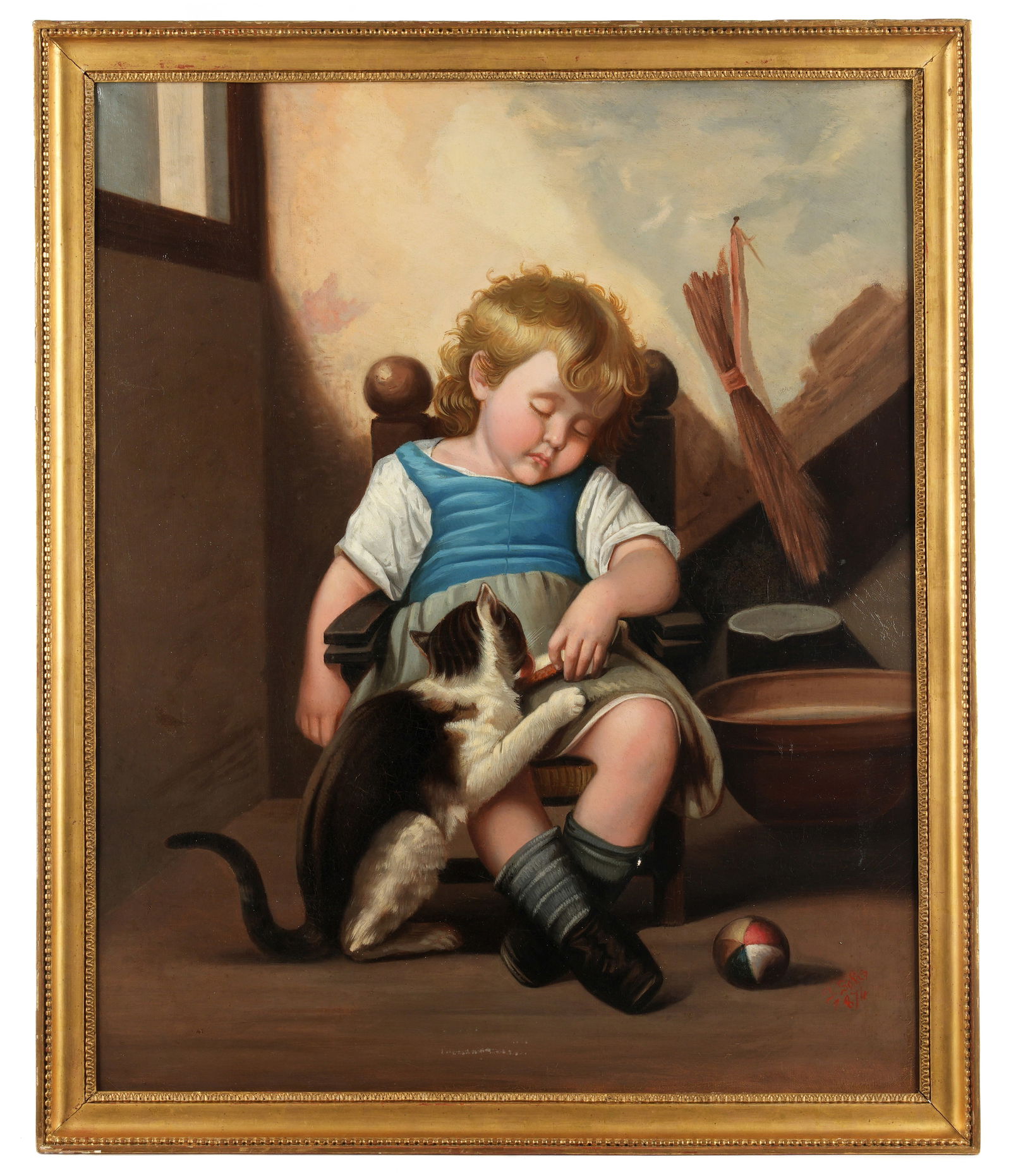 19th Century Portrait of Child & Cat Signed Solis: Portrait of a sleeping child with playful cat licking a dish clean in his hand, Oil on Canvas, signed J. or G Solis and dated 1876 lower right, 28.75" x 23.5", framed 31.5" x 26". Condition: