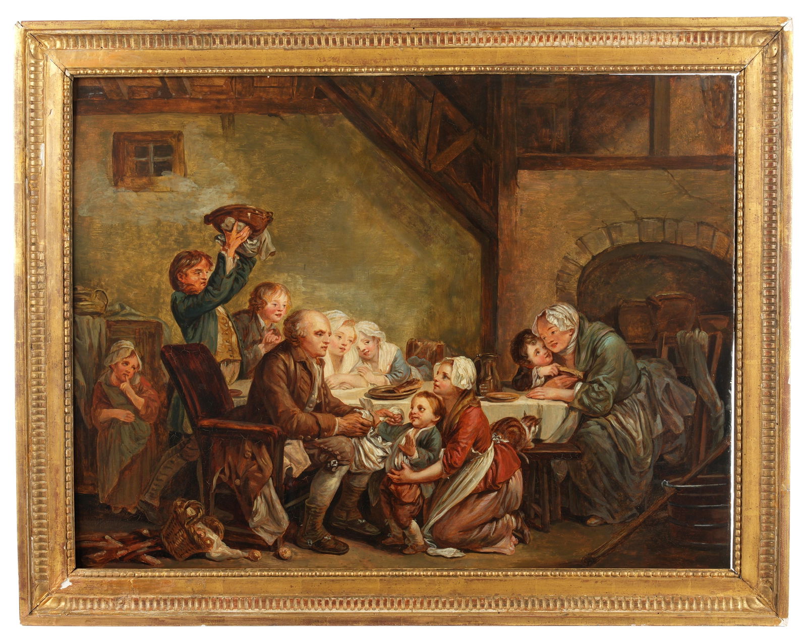 Early Continental Tavern Scene Painting: 19th Century tavern genre scene with family and children at table, Oil on Wood Panel, no visible signature, 19.25" x 25.5", framed 23" x 29". Condition: Scattered inpaint, scratch, edge chips.