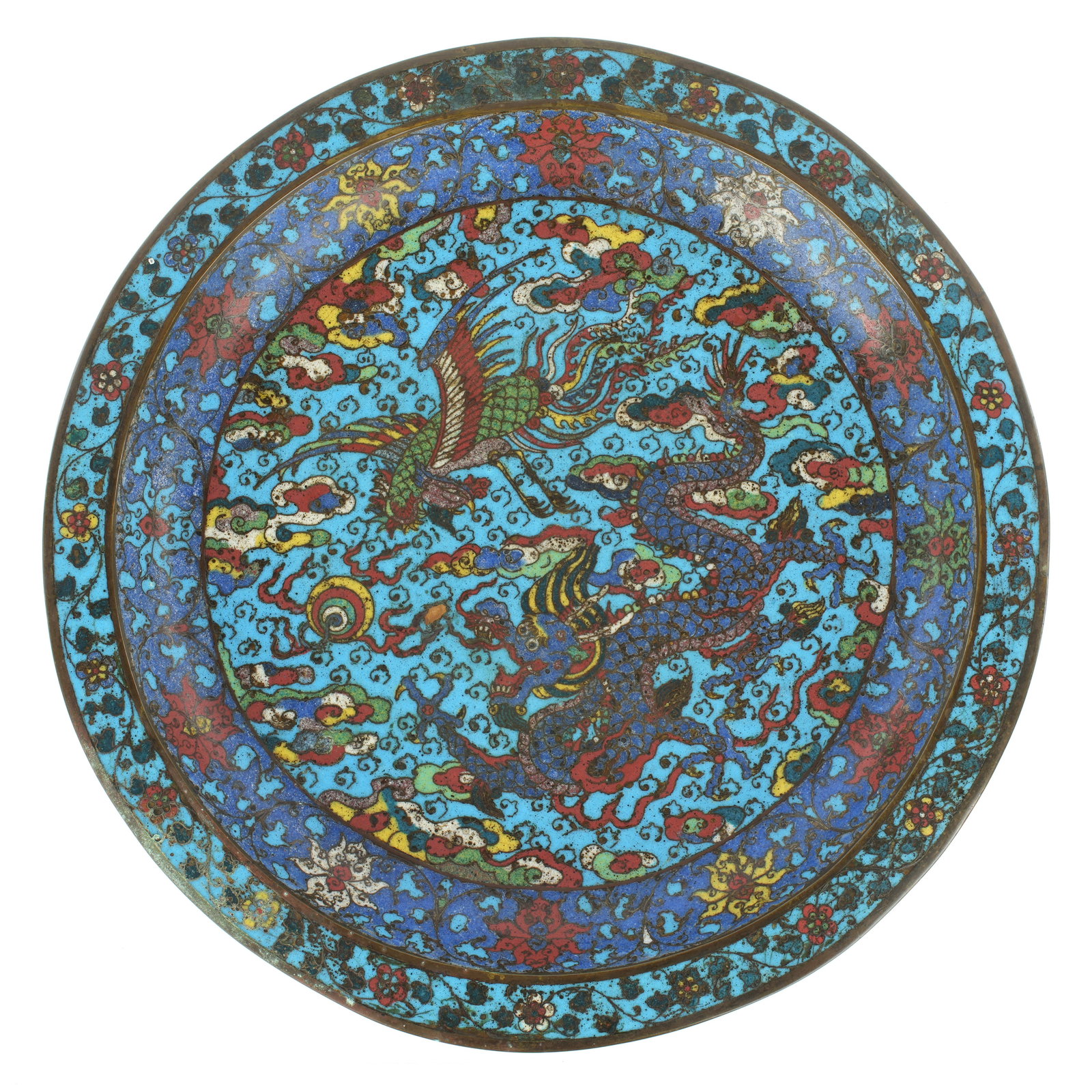 Antique Chinese Dragon Phoenix Cloisonne Charger - 6