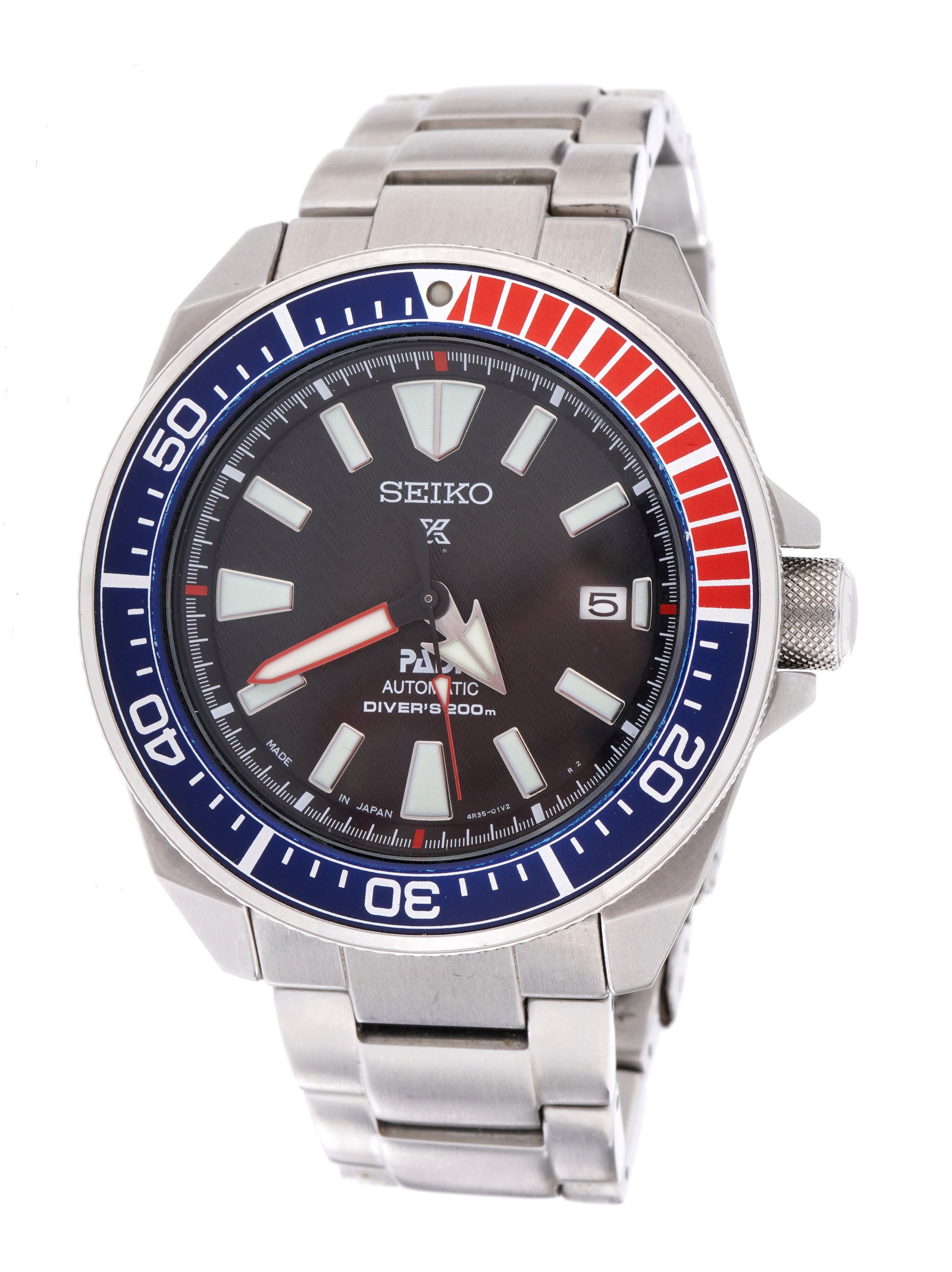Seiko Prospex Diver PADI Automatic Wrist Watch: 42mm stainless steel case, red and blue bezel, automatic movement, subsidiary date dial, stainless steel link bracelet, approx. 6.75". Condition: Minor signs of wear, currently running however not gua