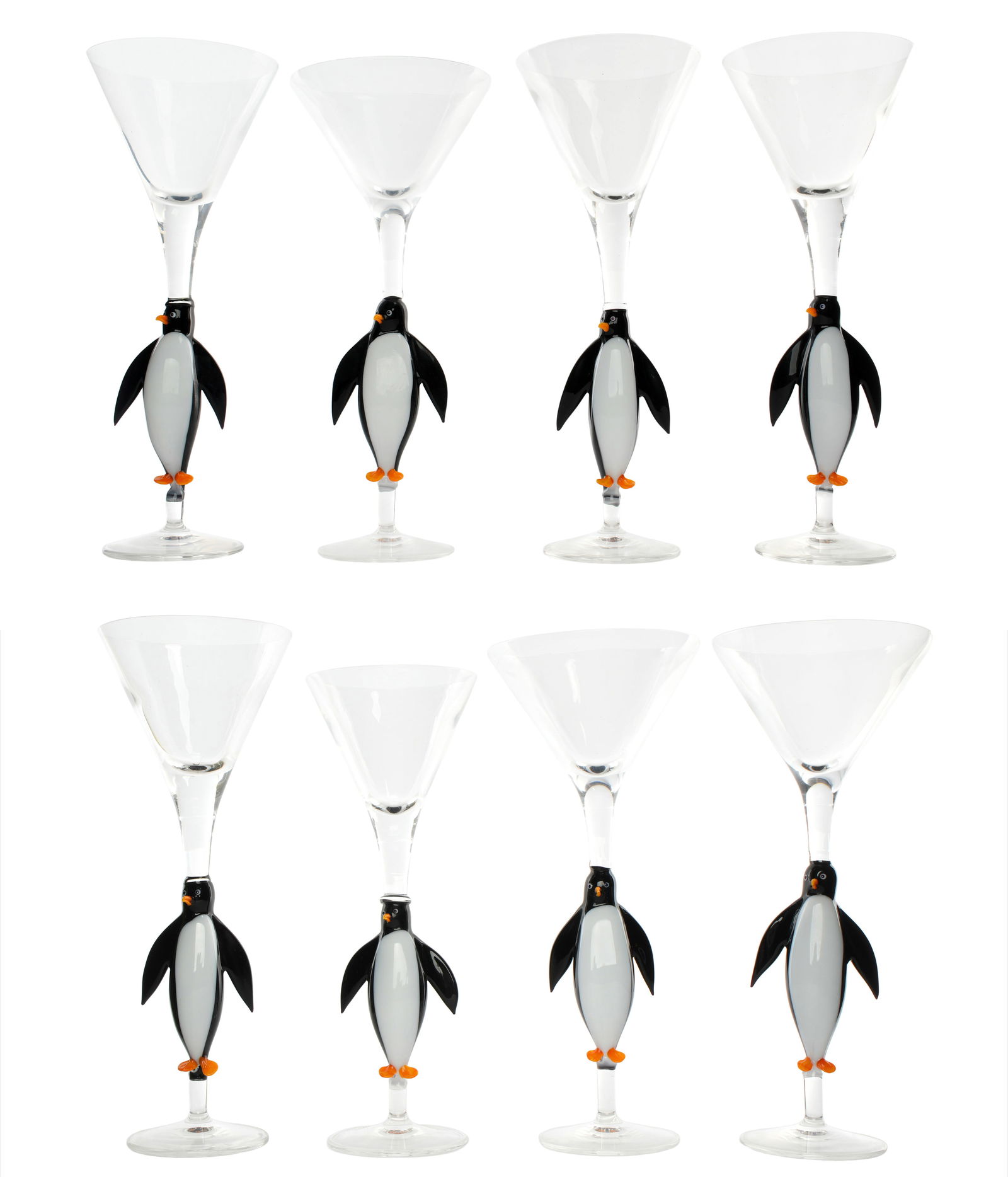 Set of Eight Venetian Penguin Martini Glasses: Set of eight Venetian, most likely Murano, tall martini glasses with figural penguin stems, unmarked. Overall 10" h. x 4" dia.