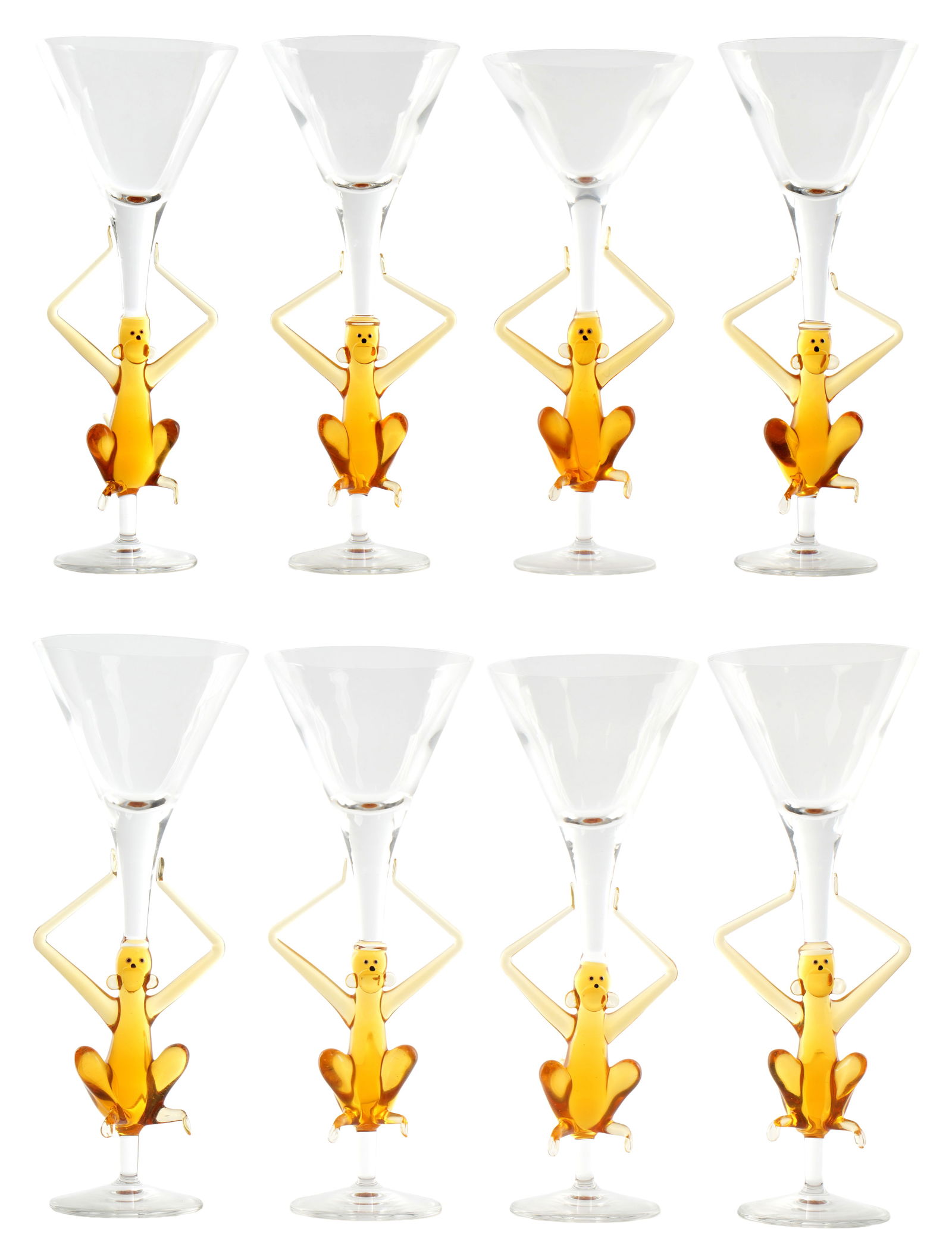 Set of Eight Venetian Monkey Martini Glasses: Set of eight Venetian, most likely Murano, tall martini glasses with figural monkey stems, unmarked. Overall 10" h. x 4" dia.