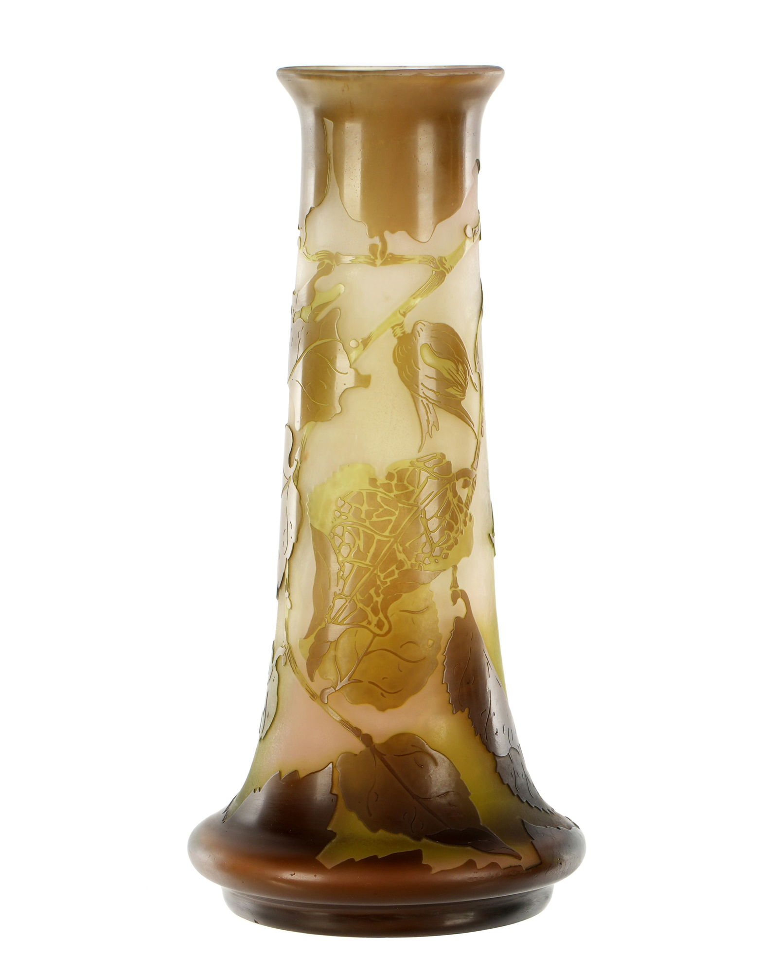 French Cameo Art Glass Vase signed Galle: Foliate motif green etched cameo glass vase, signed Galle, overall 9.5" h. x 4.5".