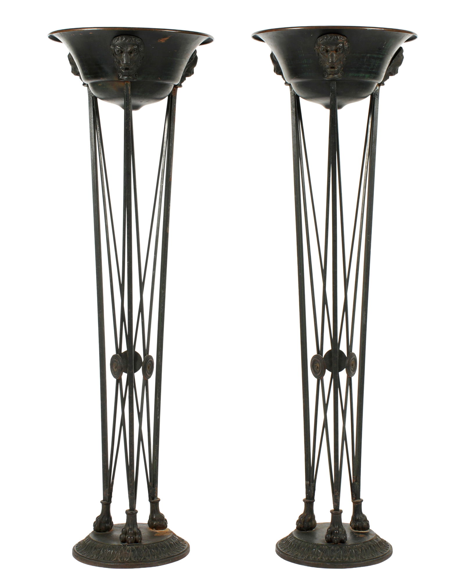 Pair Mixed Painted Metal Classical Tall Planters: Torchiere form tall planters painted copper bowls over painted iron supports. Lion masks at joints, supports terminating in paw feet over round base. Overall 51.5 h .x 16.25" bowl dia. Condition: Wear